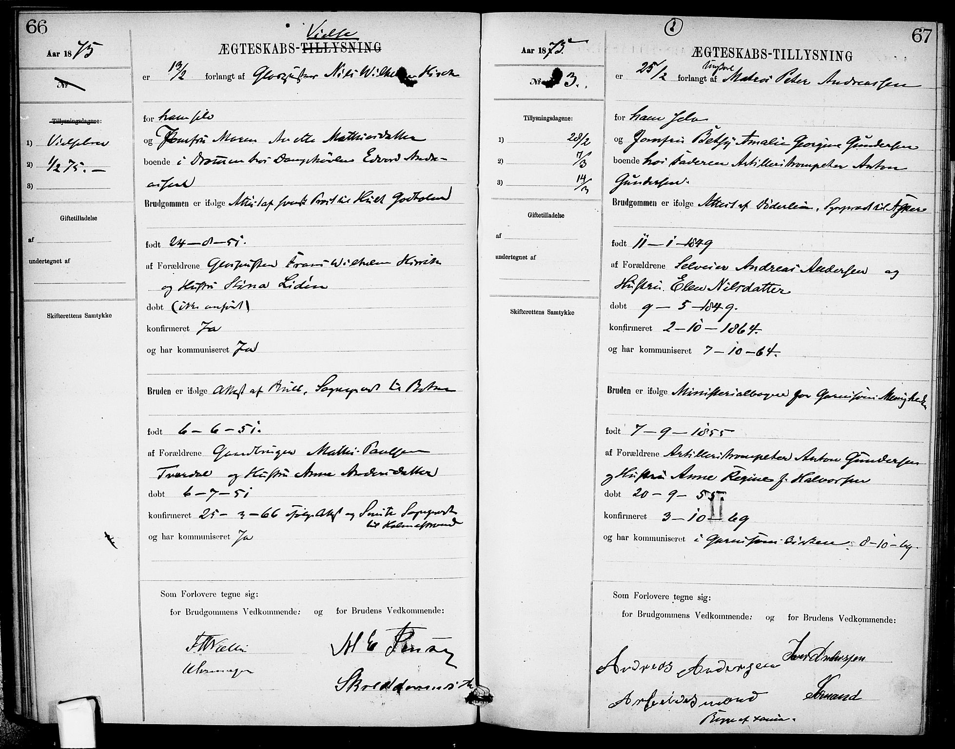 Garnisonsmenigheten Kirkebøker, SAO/A-10846/H/Ha/L0007: Banns register no. I 7, 1872-1893, p. 66-67