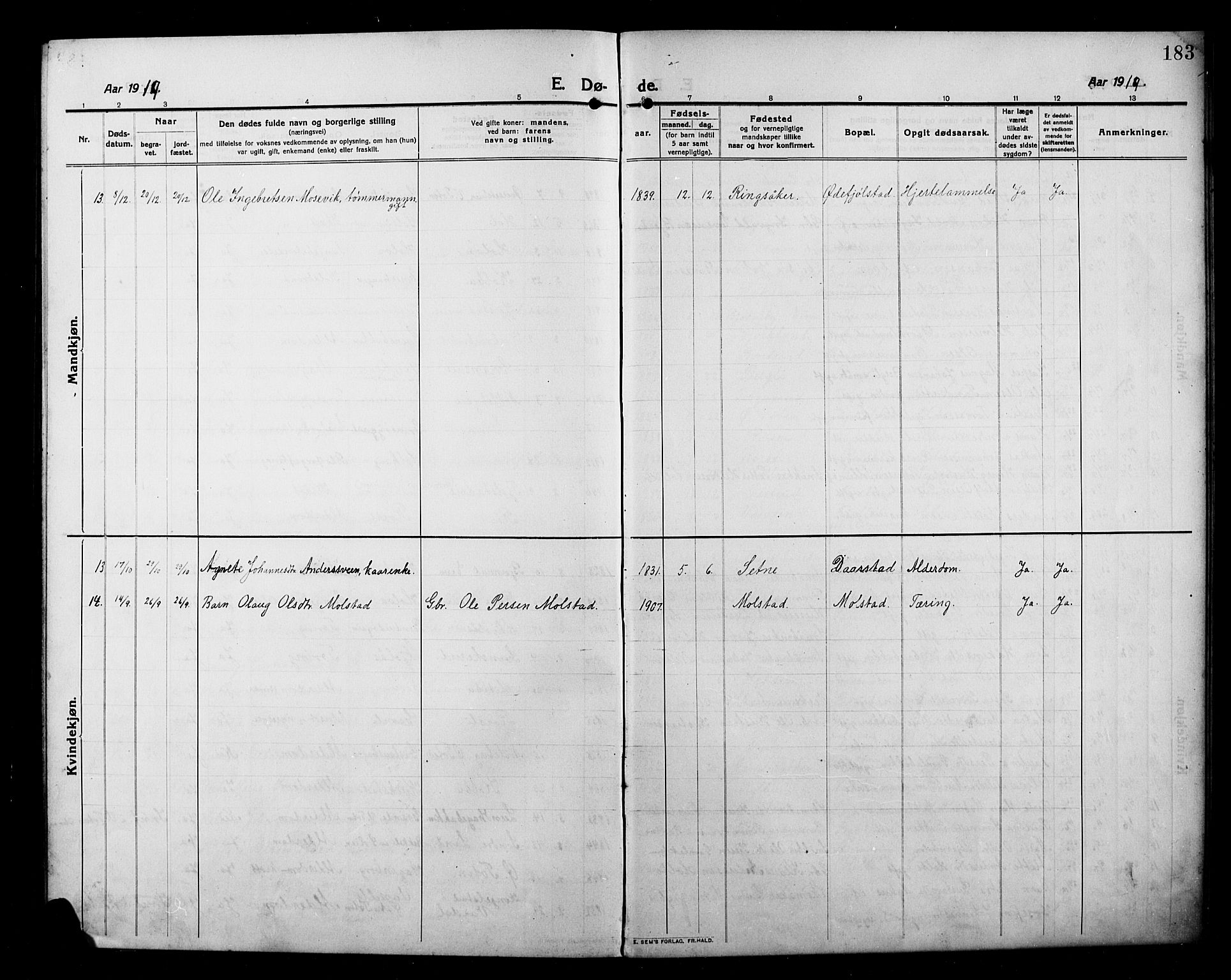 Kolbu prestekontor, SAH/PREST-110/H/Ha/Hab/L0001: Parish register (copy) no. 1, 1912-1925, p. 183