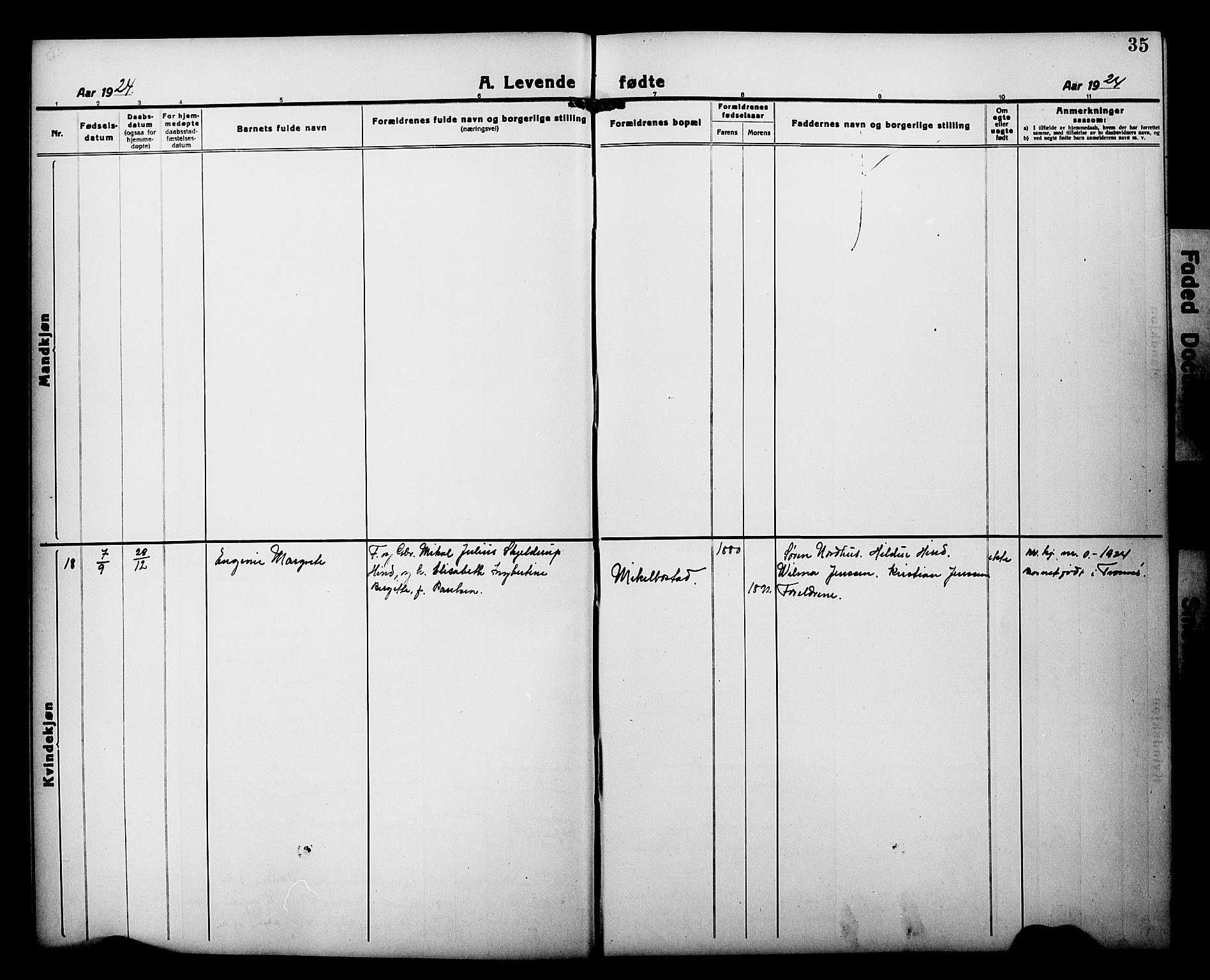 Tranøy sokneprestkontor, AV/SATØ-S-1313/I/Ia/Iab/L0015klokker: Parish register (copy) no. 15, 1918-1930, p. 35