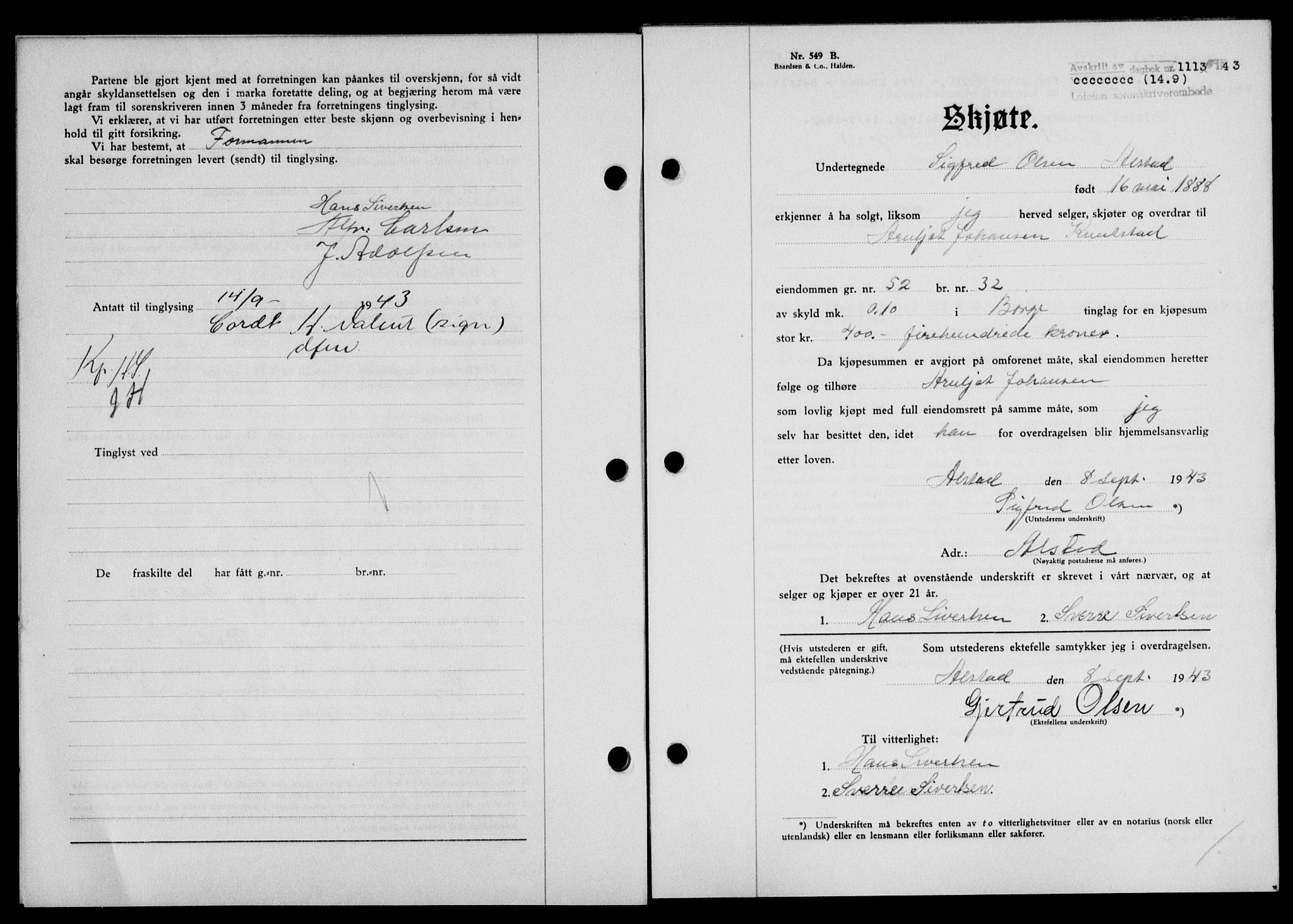 Lofoten sorenskriveri, SAT/A-0017/1/2/2C/L0011a: Mortgage book no. 11a, 1943-1943, Diary no: : 1113/1943