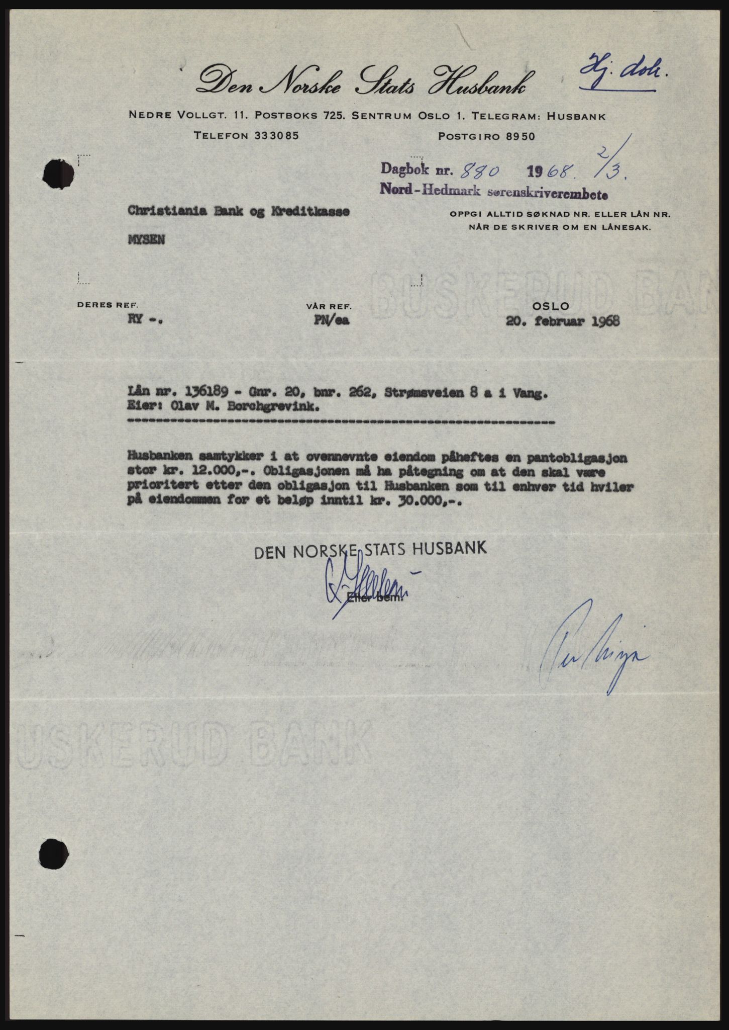Nord-Hedmark sorenskriveri, SAH/TING-012/H/Hc/L0027: Mortgage book no. 27, 1967-1968, Diary no: : 880/1968