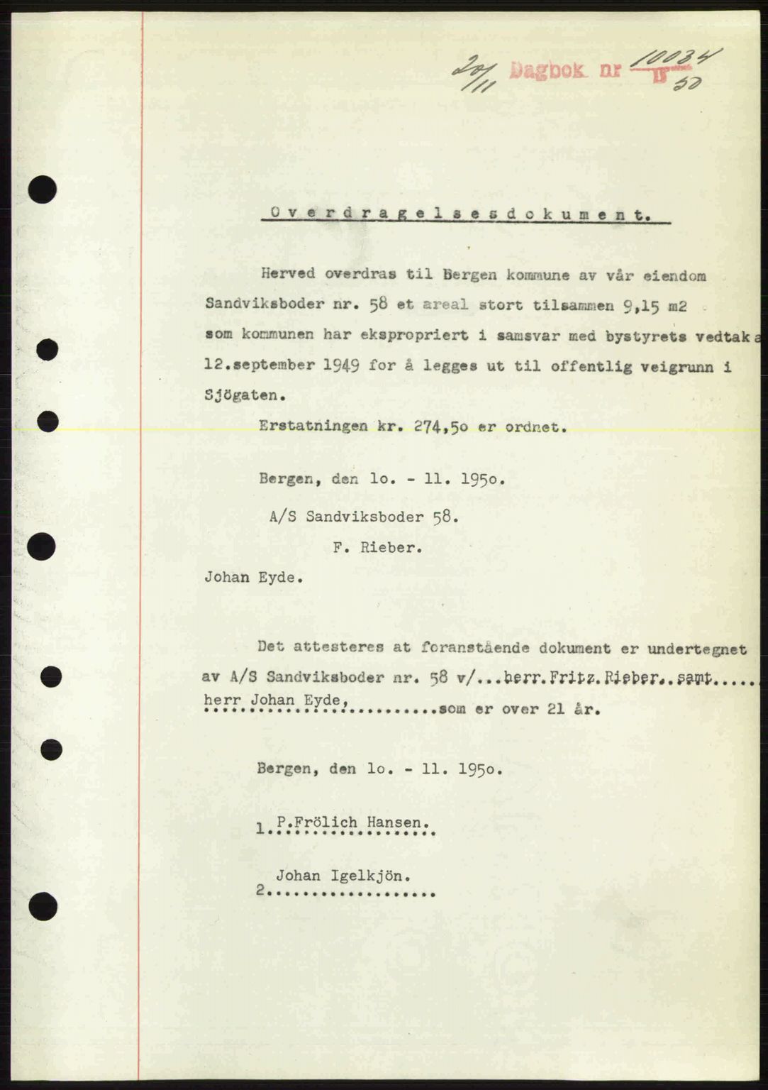 Byfogd og Byskriver i Bergen, AV/SAB-A-3401/03/03Bc/L0034: Mortgage book no. A27-28, 1950-1950, Diary no: : 10033/1950