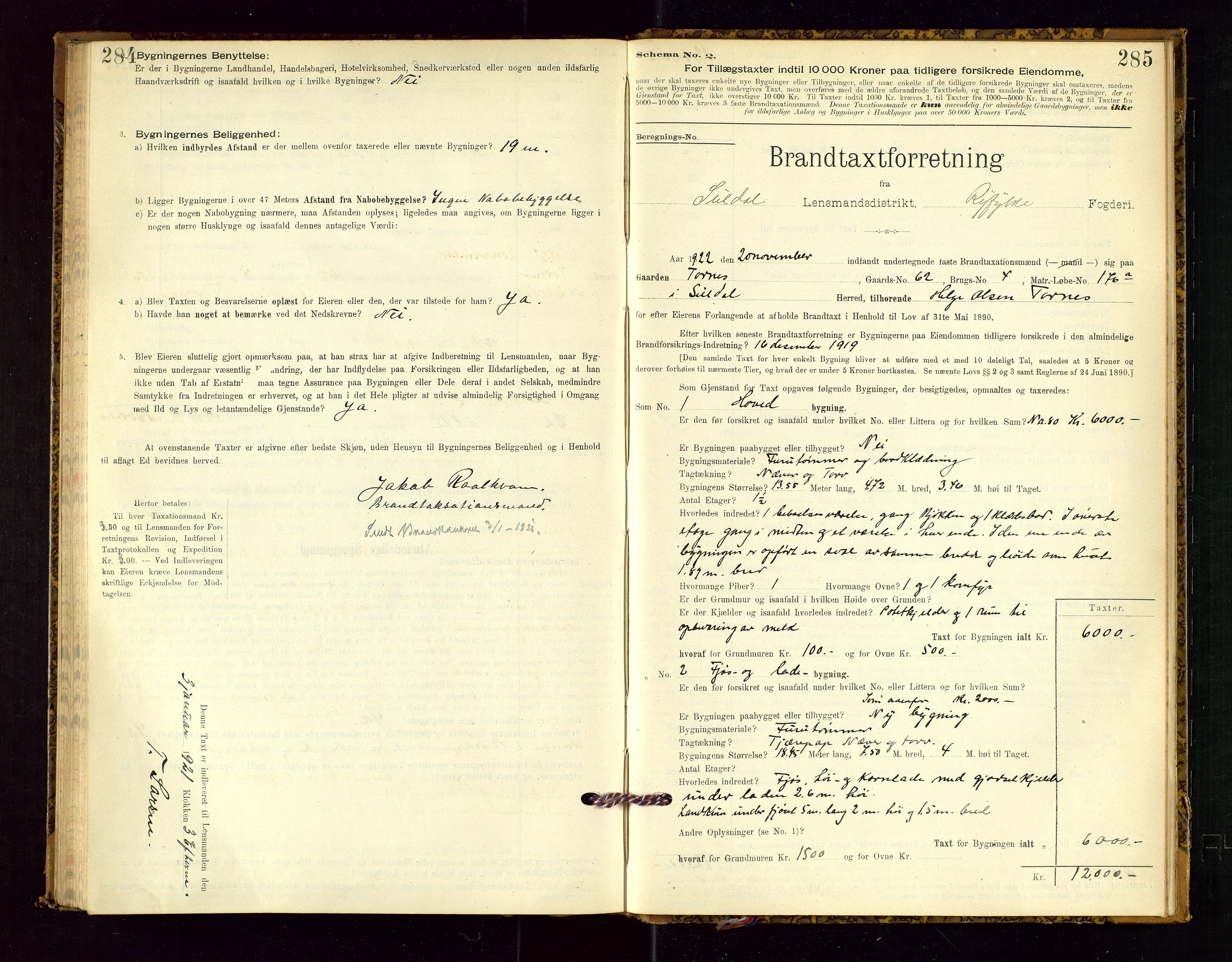 Suldal lensmannskontor, SAST/A-100419/Gob/L0001: "Brandtaxationsprotokol", 1894-1923, p. 284-285