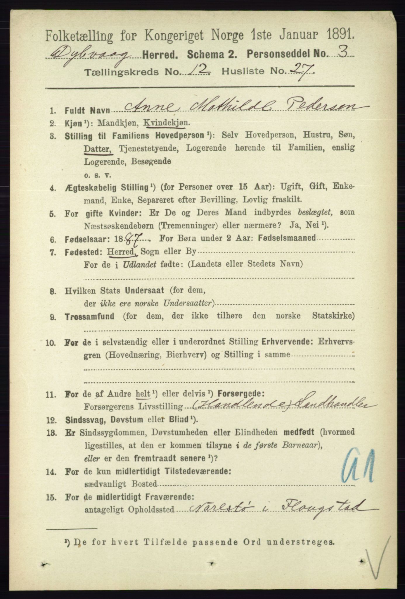 RA, 1891 census for 0915 Dypvåg, 1891, p. 4903