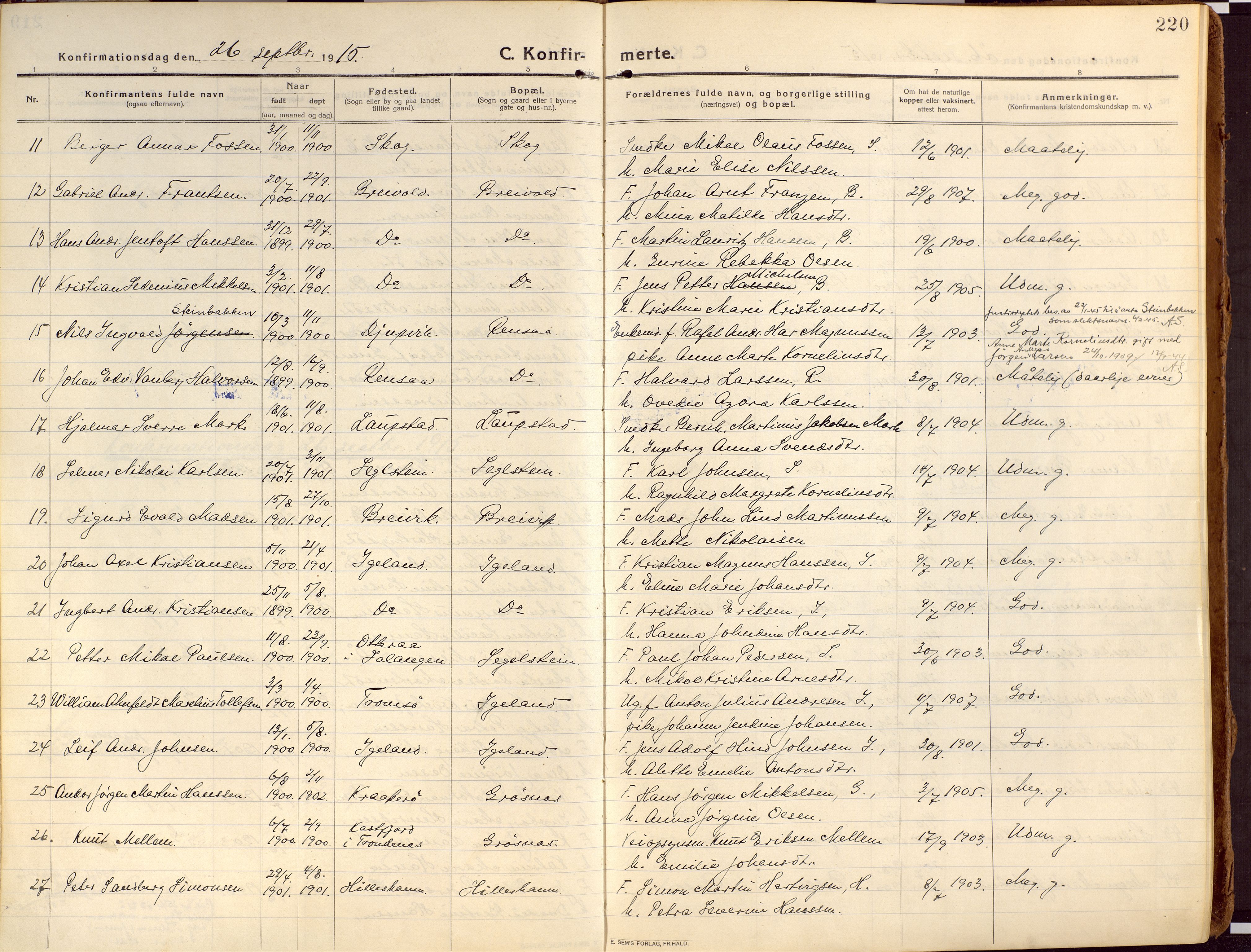 Ibestad sokneprestembete, SATØ/S-0077/H/Ha/Haa/L0018kirke: Parish register (official) no. 18, 1915-1929, p. 220