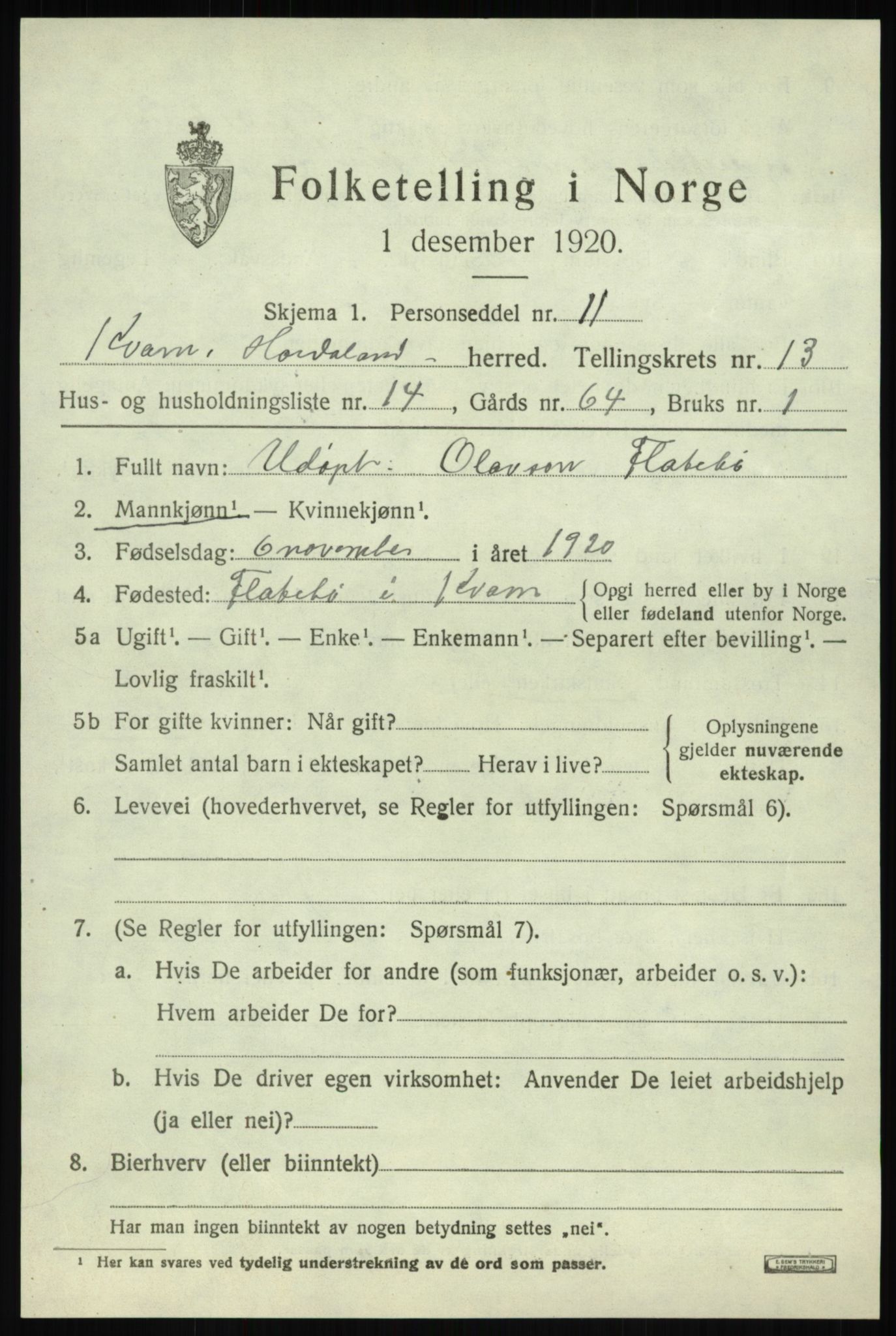 SAB, 1920 census for Kvam, 1920, p. 8159