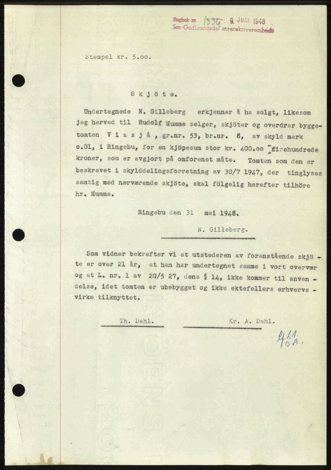 Sør-Gudbrandsdal tingrett, SAH/TING-004/H/Hb/Hbd/L0022: Mortgage book no. A22, 1948-1948, Diary no: : 1336/1948
