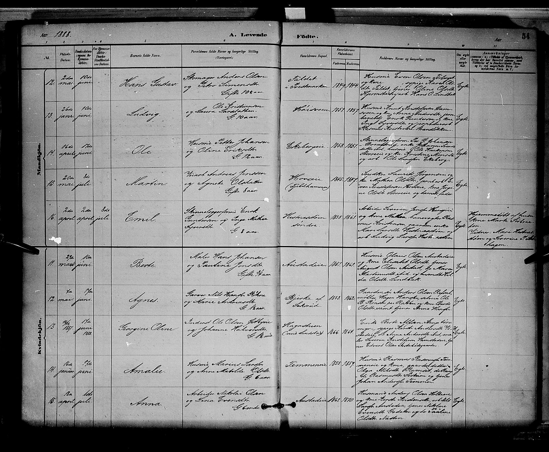 Stange prestekontor, AV/SAH-PREST-002/L/L0008: Parish register (copy) no. 8, 1882-1895, p. 54