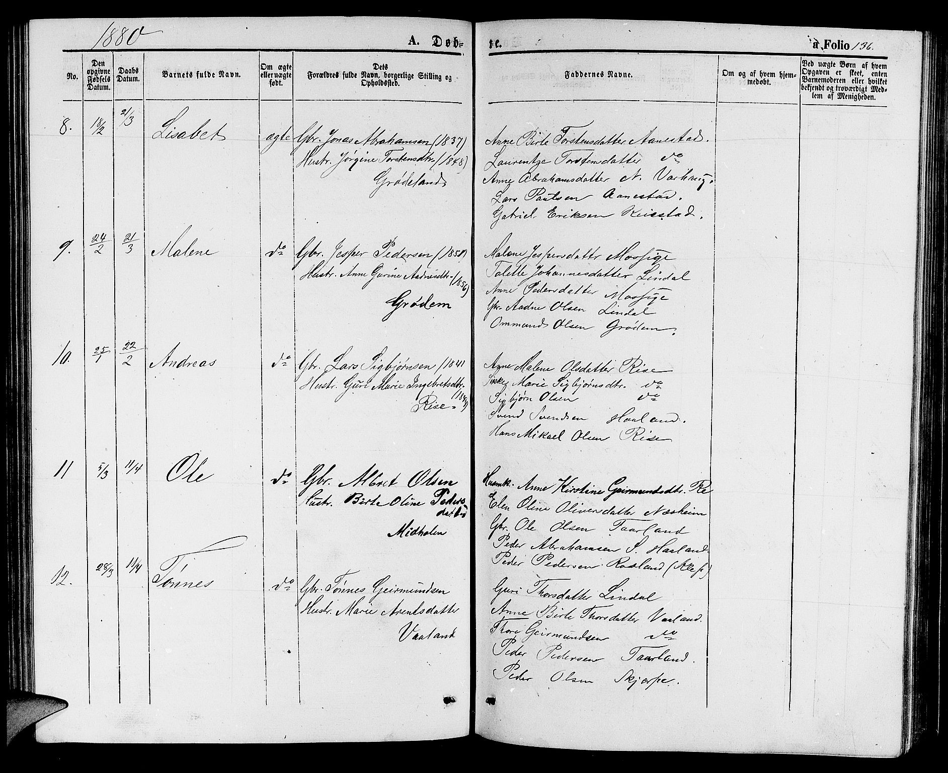 Hå sokneprestkontor, AV/SAST-A-101801/001/30BB/L0001: Parish register (copy) no. B 1, 1854-1883, p. 136