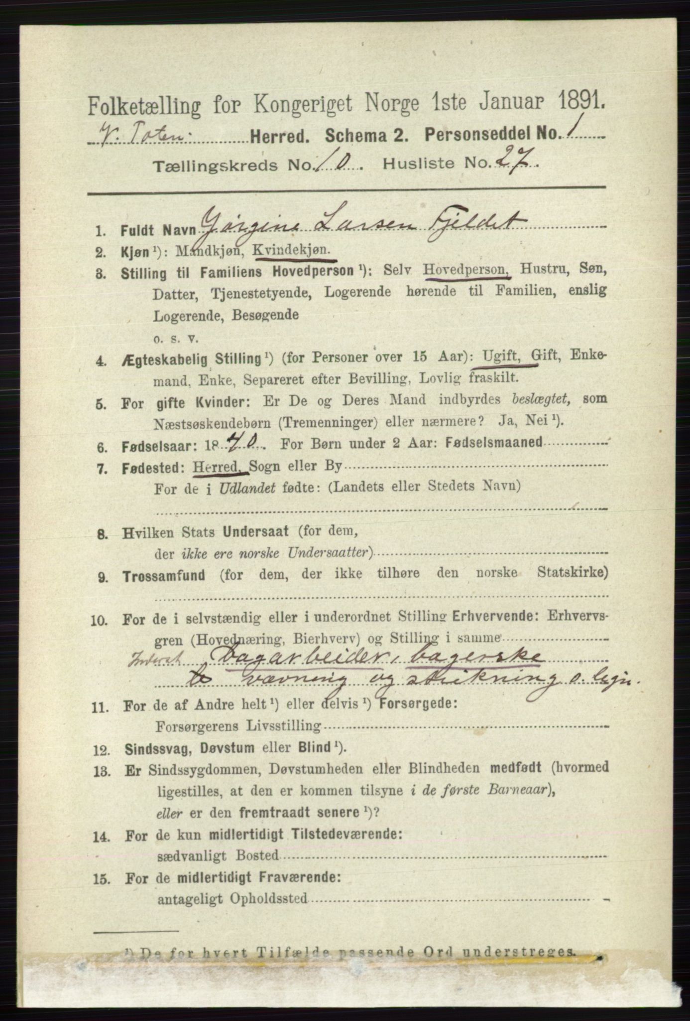 RA, 1891 census for 0529 Vestre Toten, 1891, p. 6373