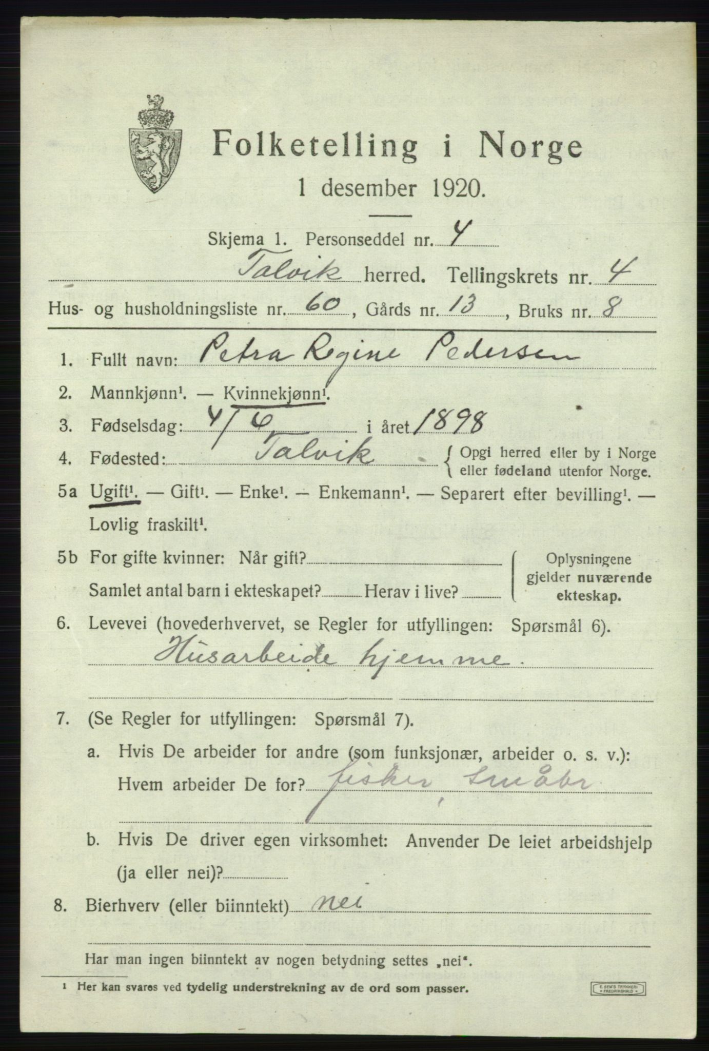 SATØ, 1920 census for Talvik, 1920, p. 3270