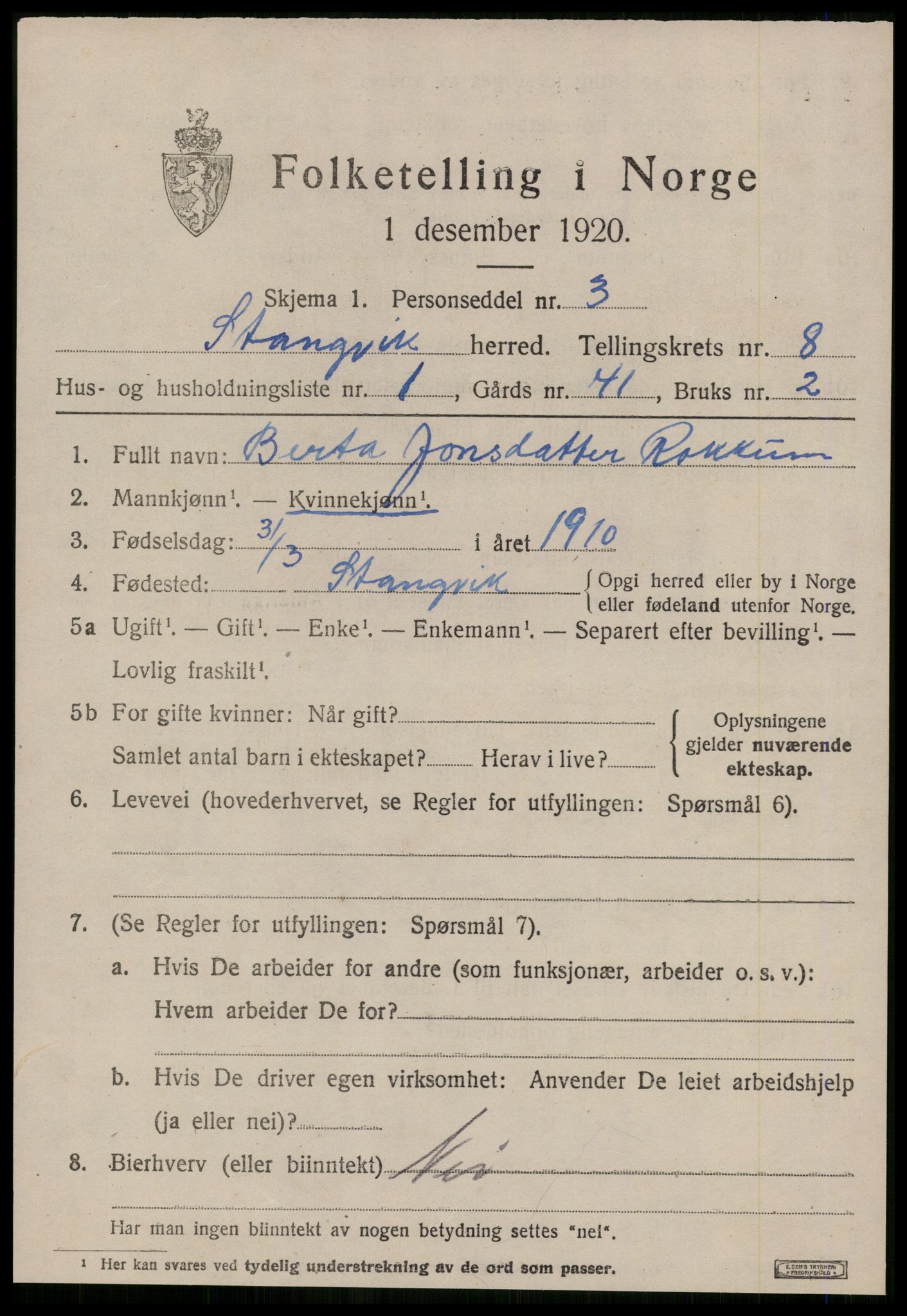 SAT, 1920 census for Stangvik, 1920, p. 4784