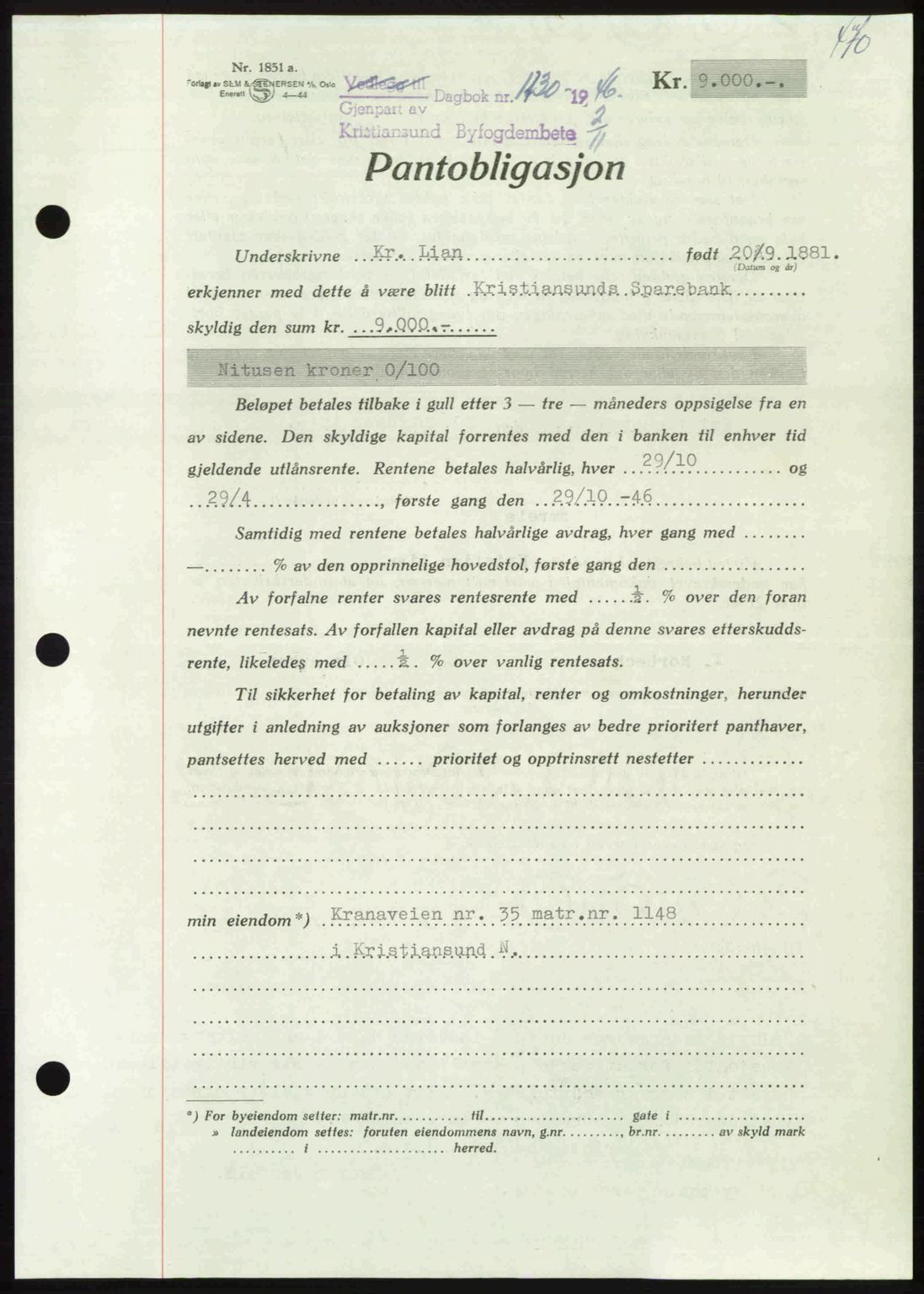 Kristiansund byfogd, AV/SAT-A-4587/A/27: Mortgage book no. 40, 1946-1946, Diary no: : 1230/1946