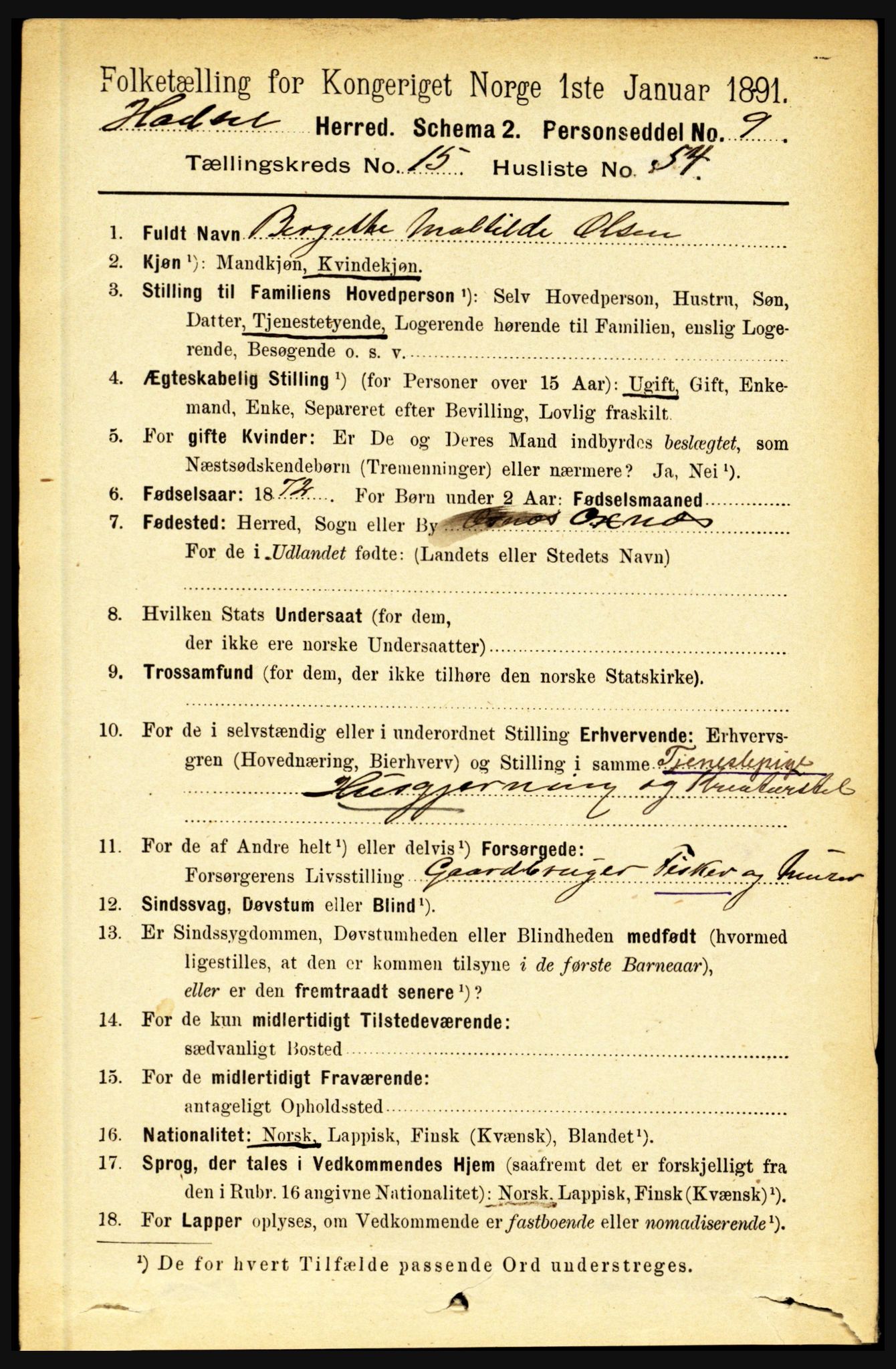 RA, 1891 census for 1866 Hadsel, 1891, p. 7203