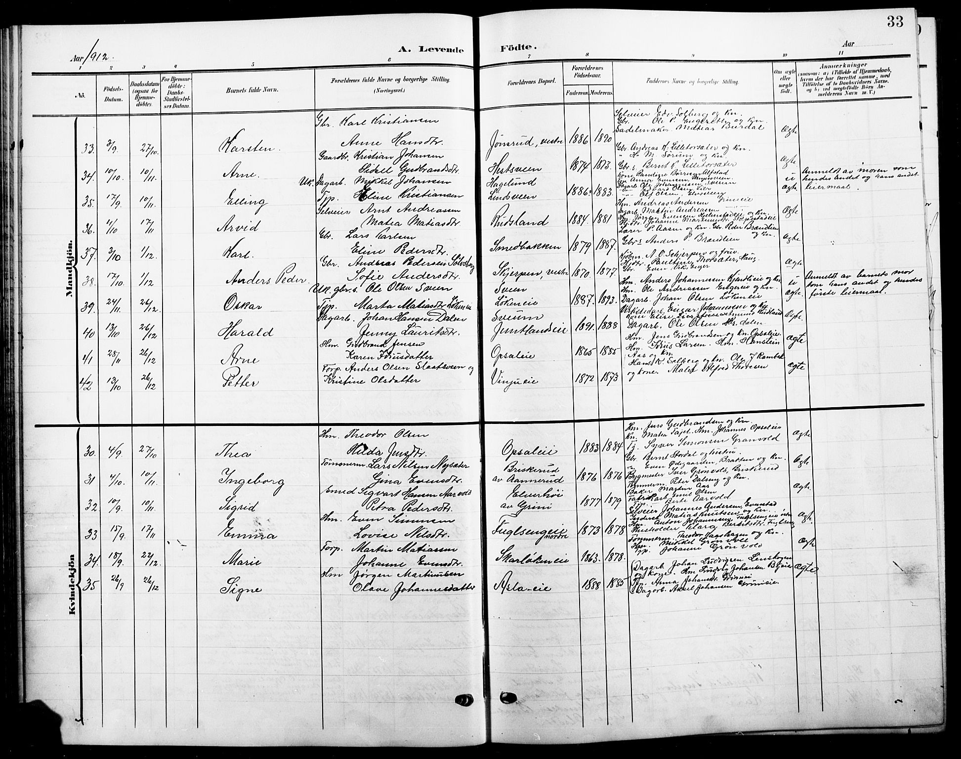Ringsaker prestekontor, SAH/PREST-014/L/La/L0017: Parish register (copy) no. 17, 1905-1920, p. 33