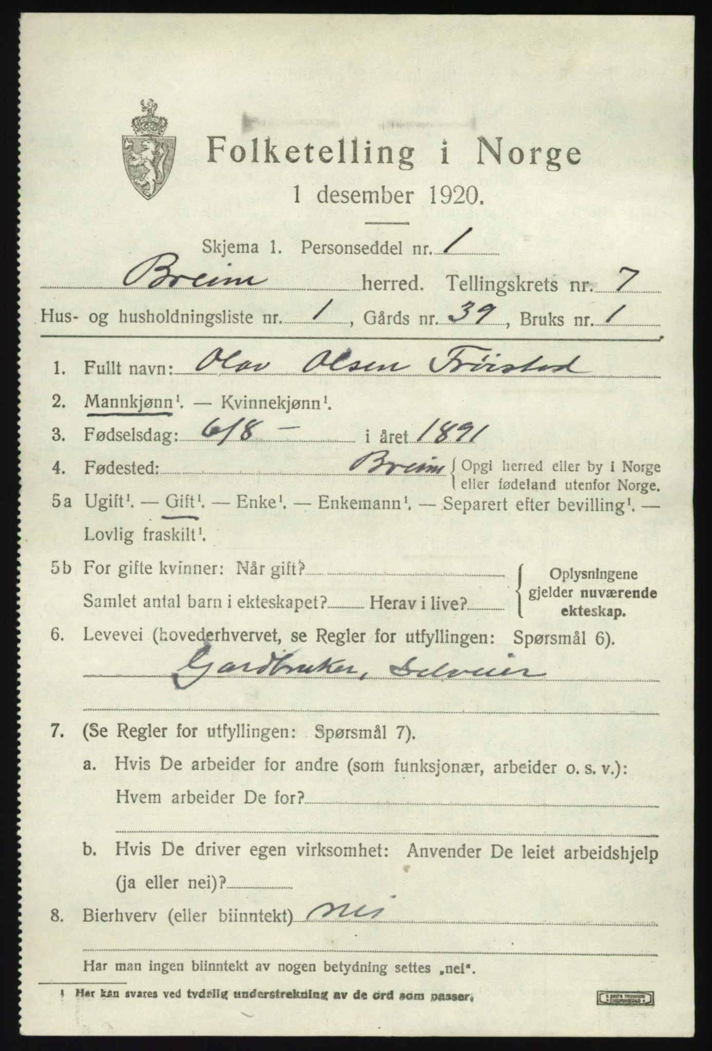 SAB, 1920 census for Breim, 1920, p. 3767