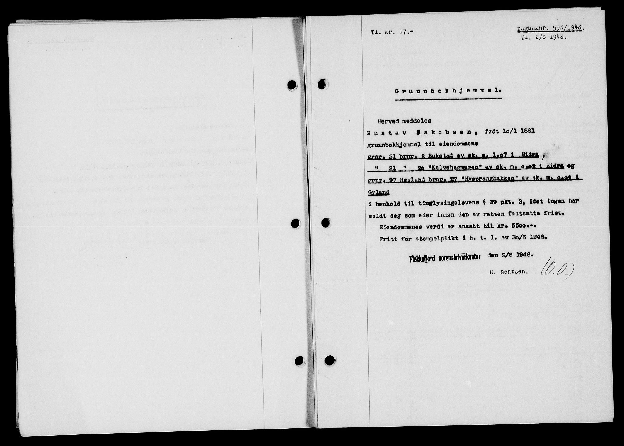 Flekkefjord sorenskriveri, AV/SAK-1221-0001/G/Gb/Gba/L0064: Mortgage book no. A-12, 1948-1949, Diary no: : 596/1948