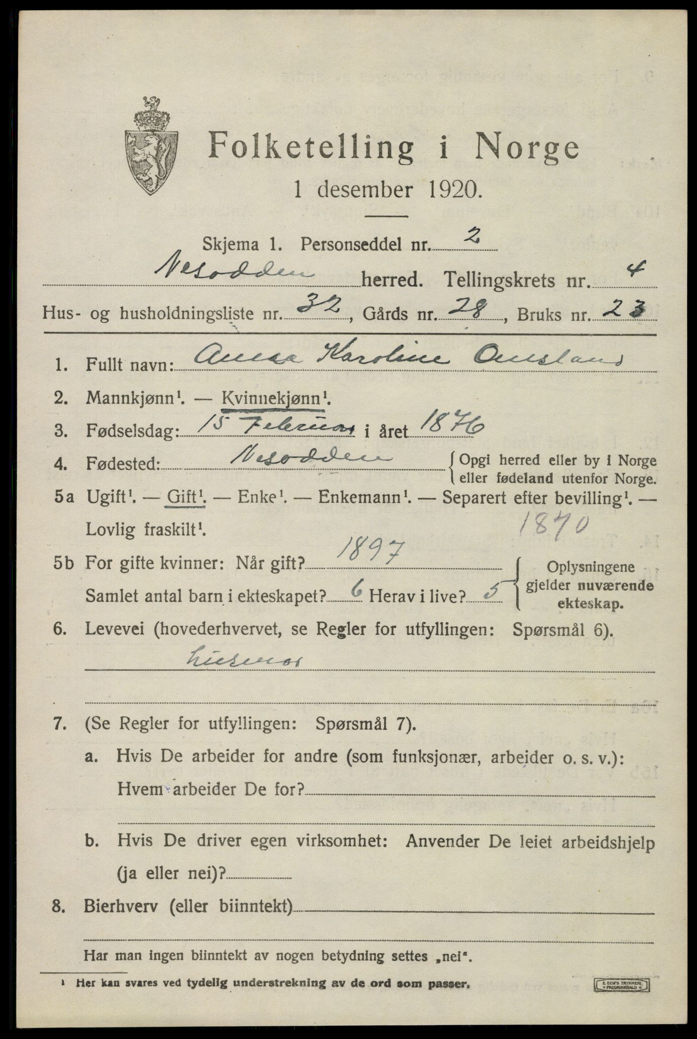 SAO, 1920 census for Nesodden, 1920, p. 4527