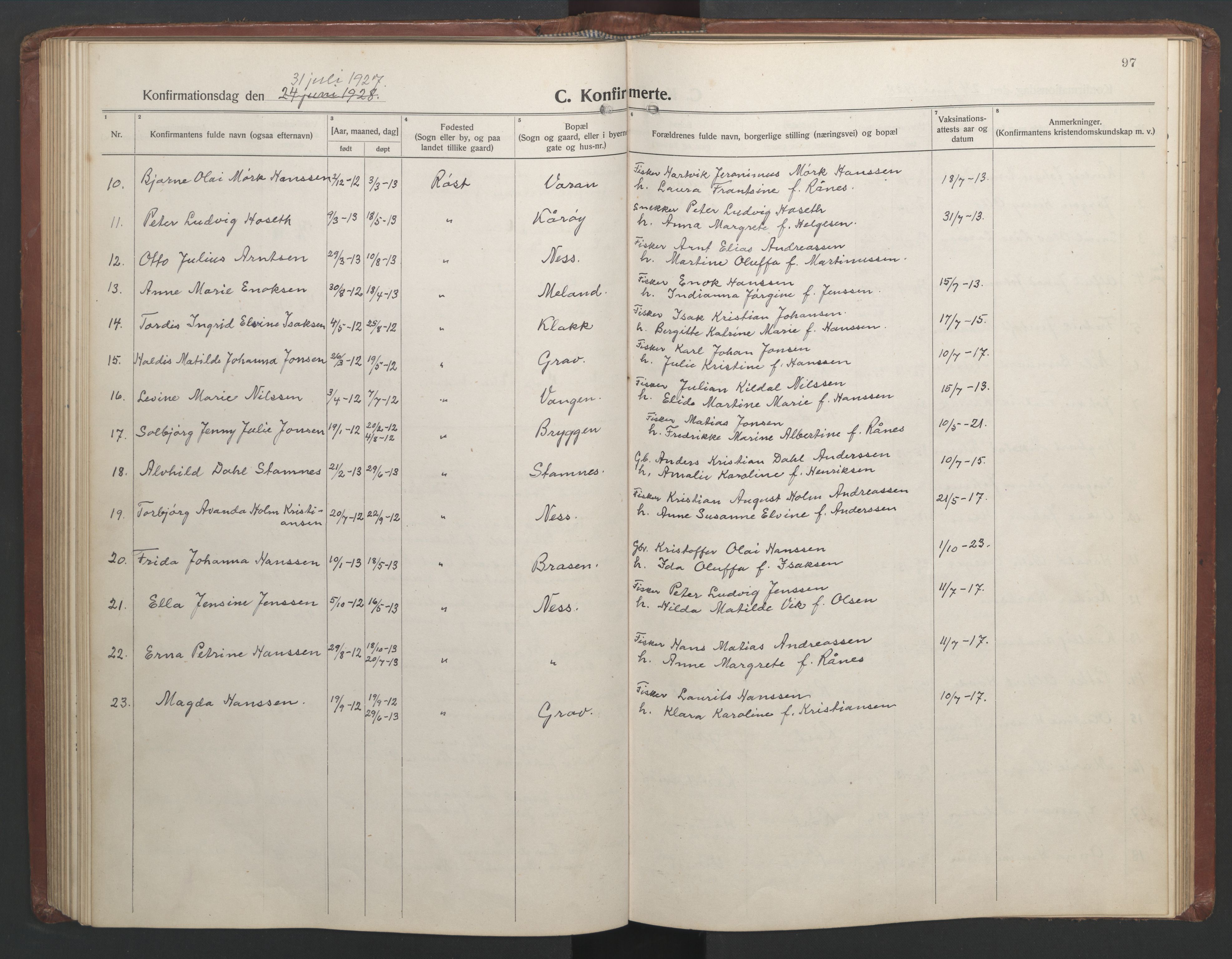 Ministerialprotokoller, klokkerbøker og fødselsregistre - Nordland, AV/SAT-A-1459/808/L0132: Parish register (copy) no. 808C03, 1920-1946, p. 97