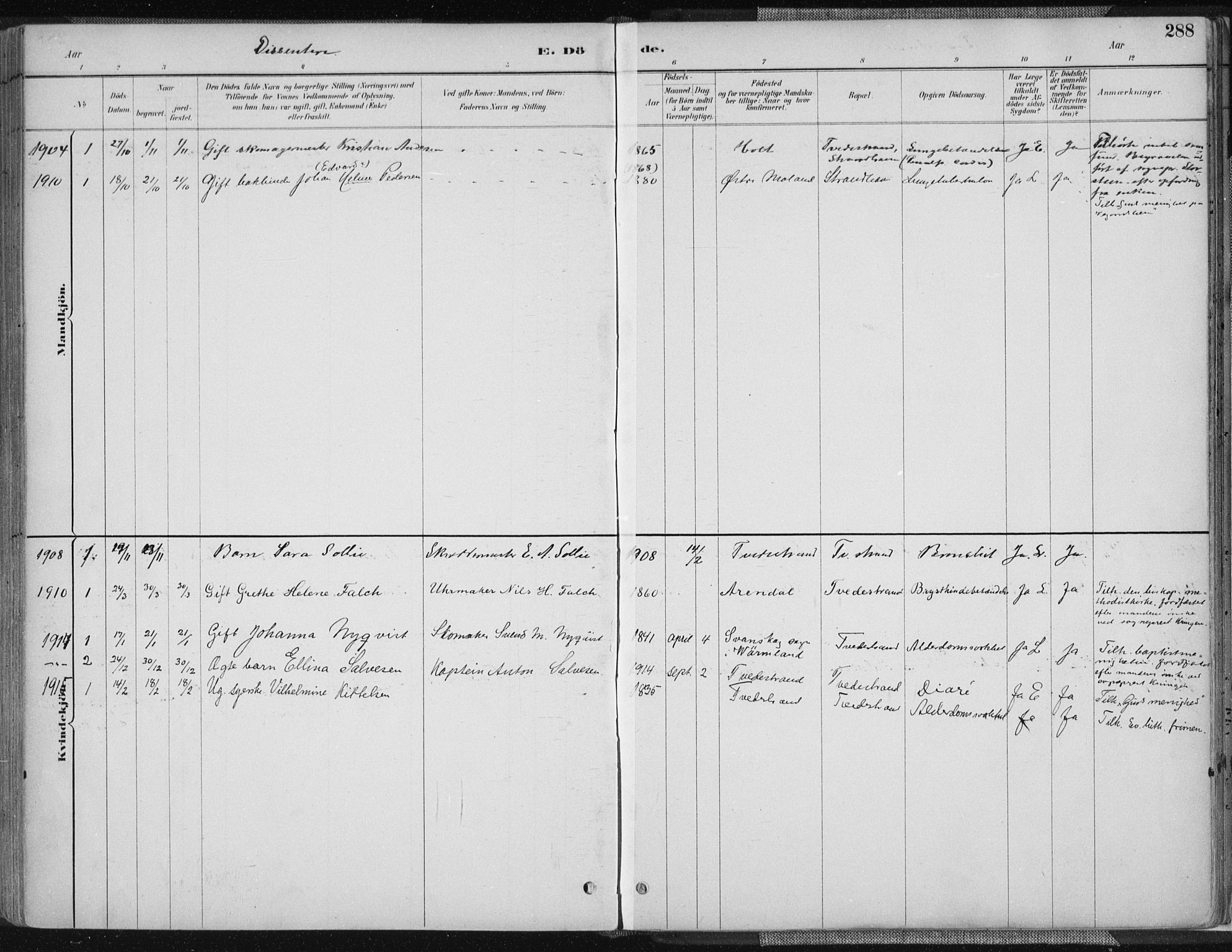 Tvedestrand sokneprestkontor, SAK/1111-0042/F/Fa/L0001: Parish register (official) no. A 1, 1885-1916, p. 288