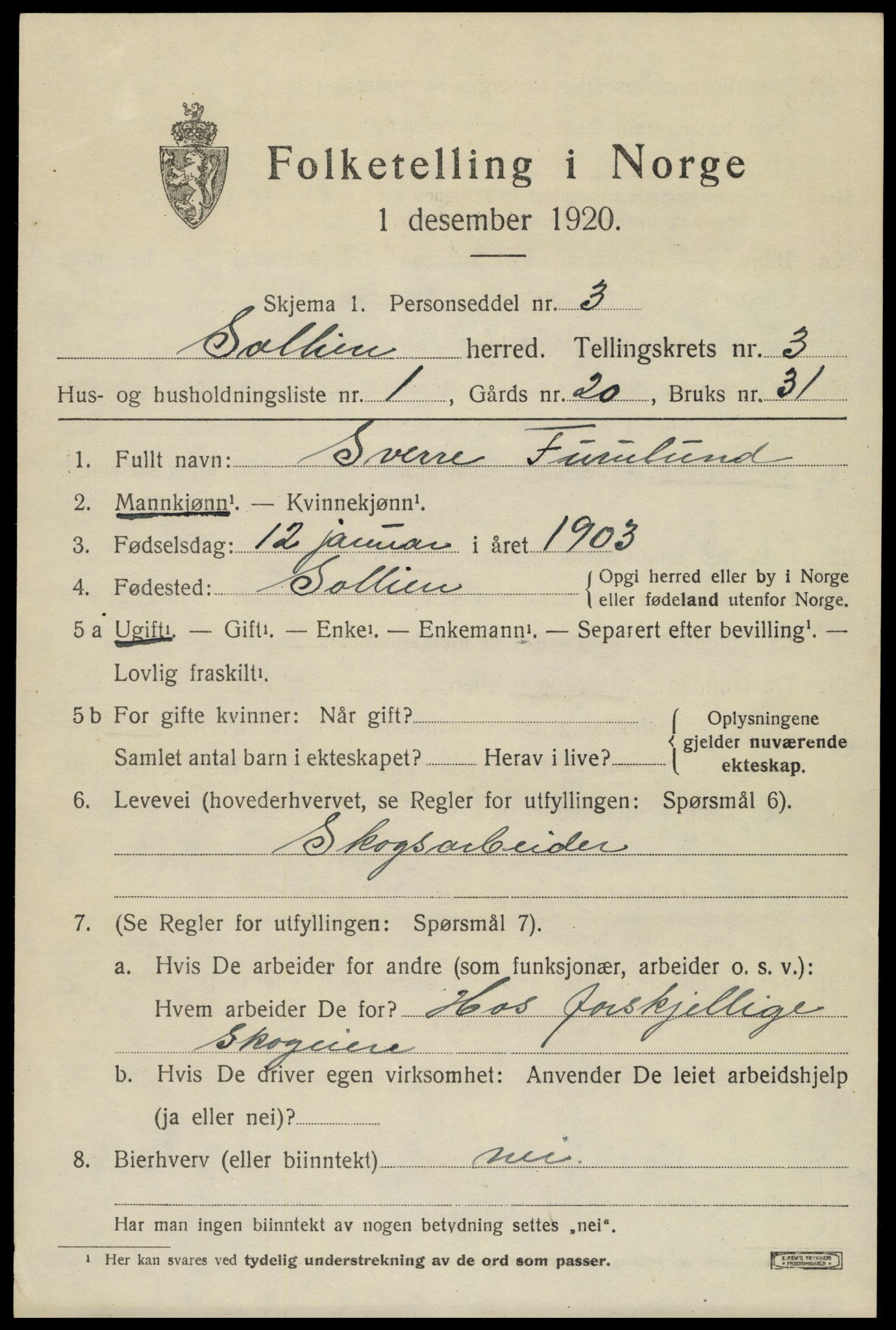 SAH, 1920 census for Sollia, 1920, p. 677