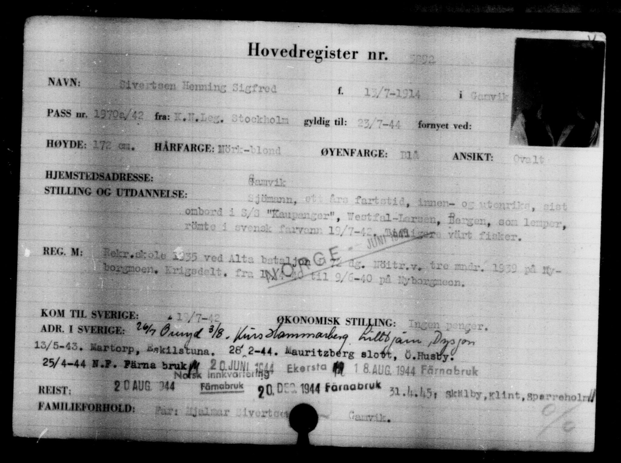 Utenriksstasjonene, Legasjonen i Stockholm, Flyktningkontoret, AV/RA-S-6753/V/Va/L0004: Kjesäterkartoteket, flyktninger med registreringsnr. 3496-6610, 1940-1945, p. 2786