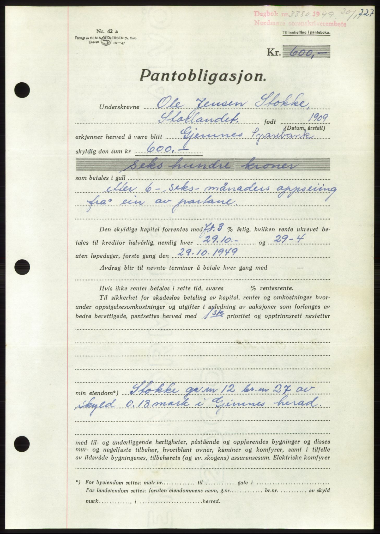 Nordmøre sorenskriveri, AV/SAT-A-4132/1/2/2Ca: Mortgage book no. B103, 1949-1950, Diary no: : 3380/1949