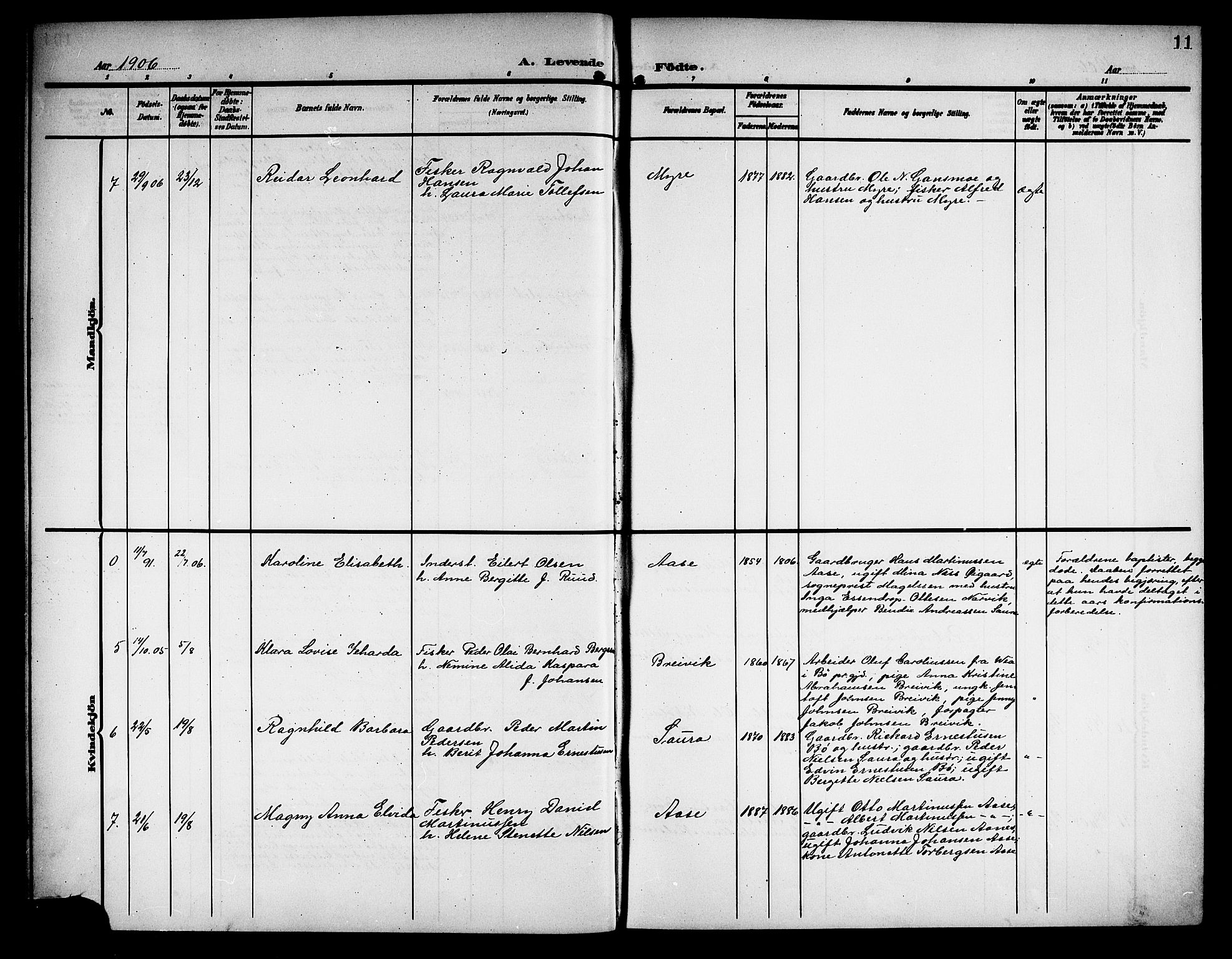 Ministerialprotokoller, klokkerbøker og fødselsregistre - Nordland, AV/SAT-A-1459/897/L1414: Parish register (copy) no. 897C04, 1904-1915, p. 11