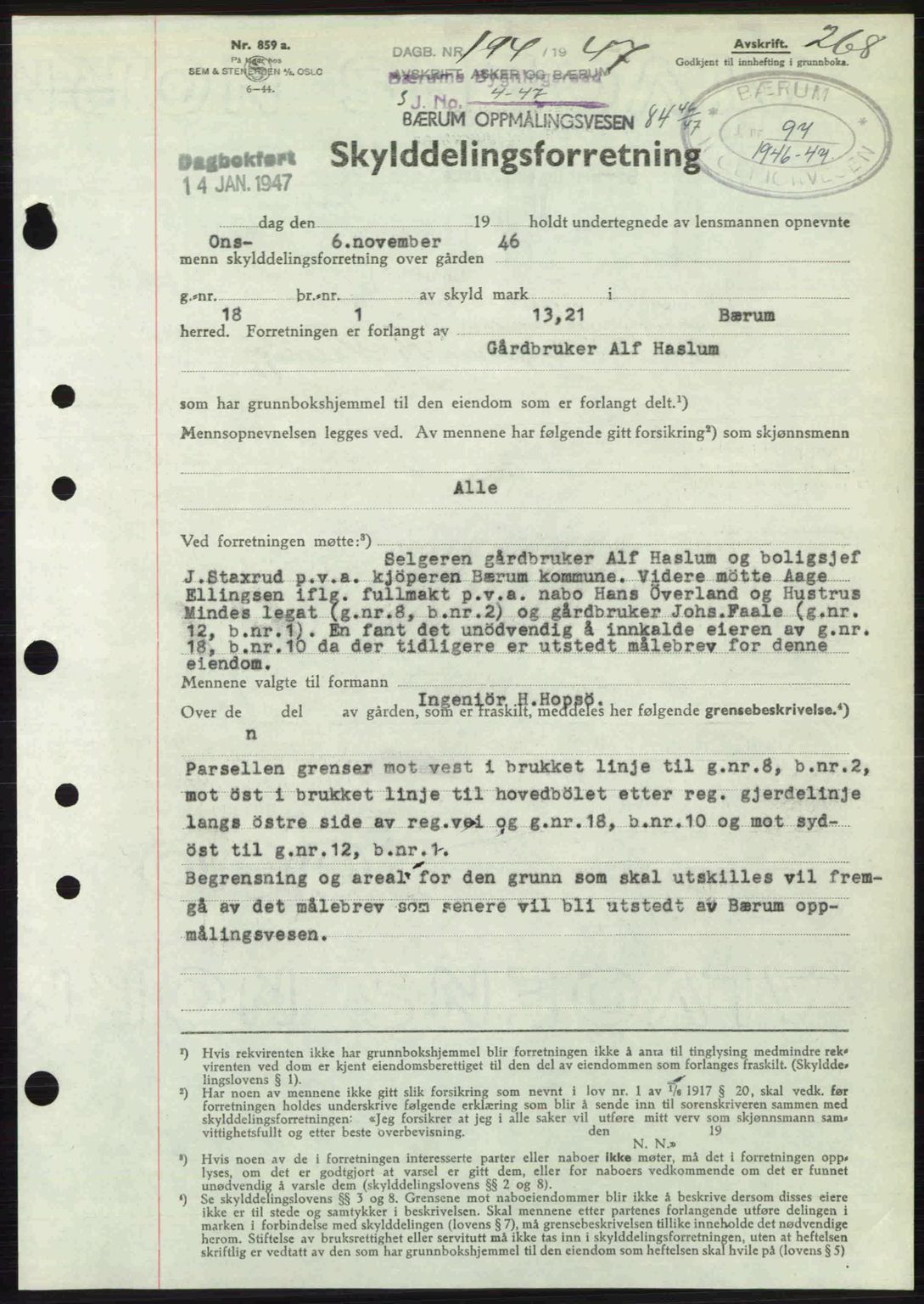 Aker herredsskriveri, AV/SAO-A-10896/G/Gb/Gbb/Gbbb/L0036: Mortgage book no. A82, 1946-1947, Diary no: : 194/1947