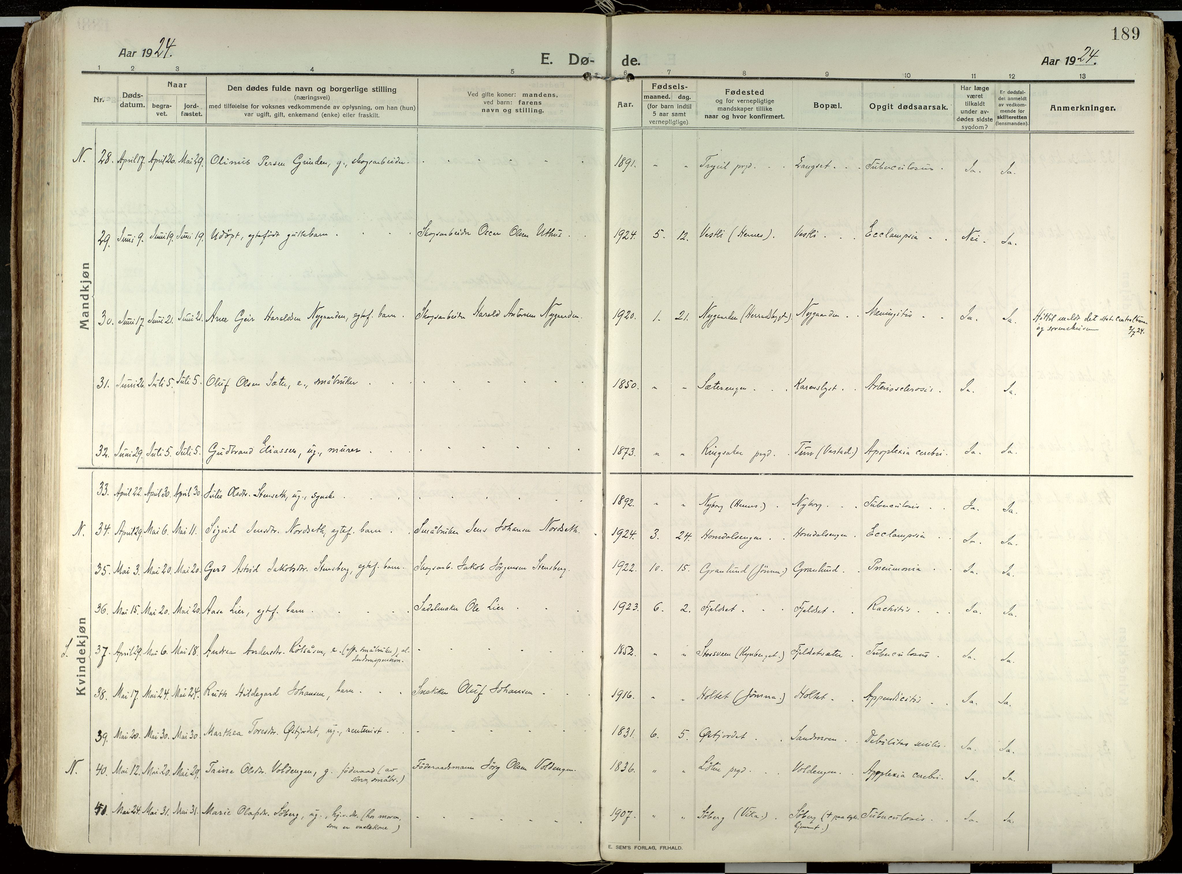 Elverum prestekontor, AV/SAH-PREST-044/H/Ha/Haa/L0021: Parish register (official) no. 21, 1913-1928, p. 189