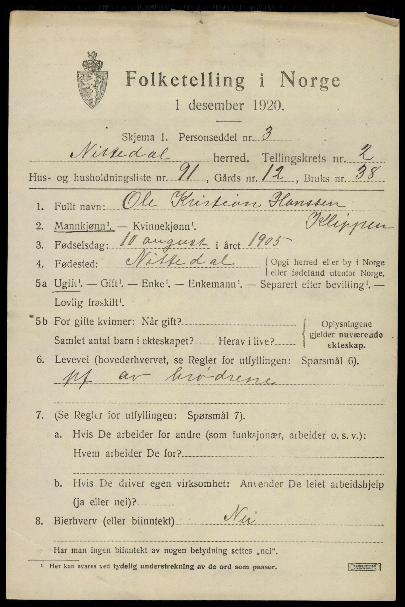 SAO, 1920 census for Nittedal, 1920, p. 2790