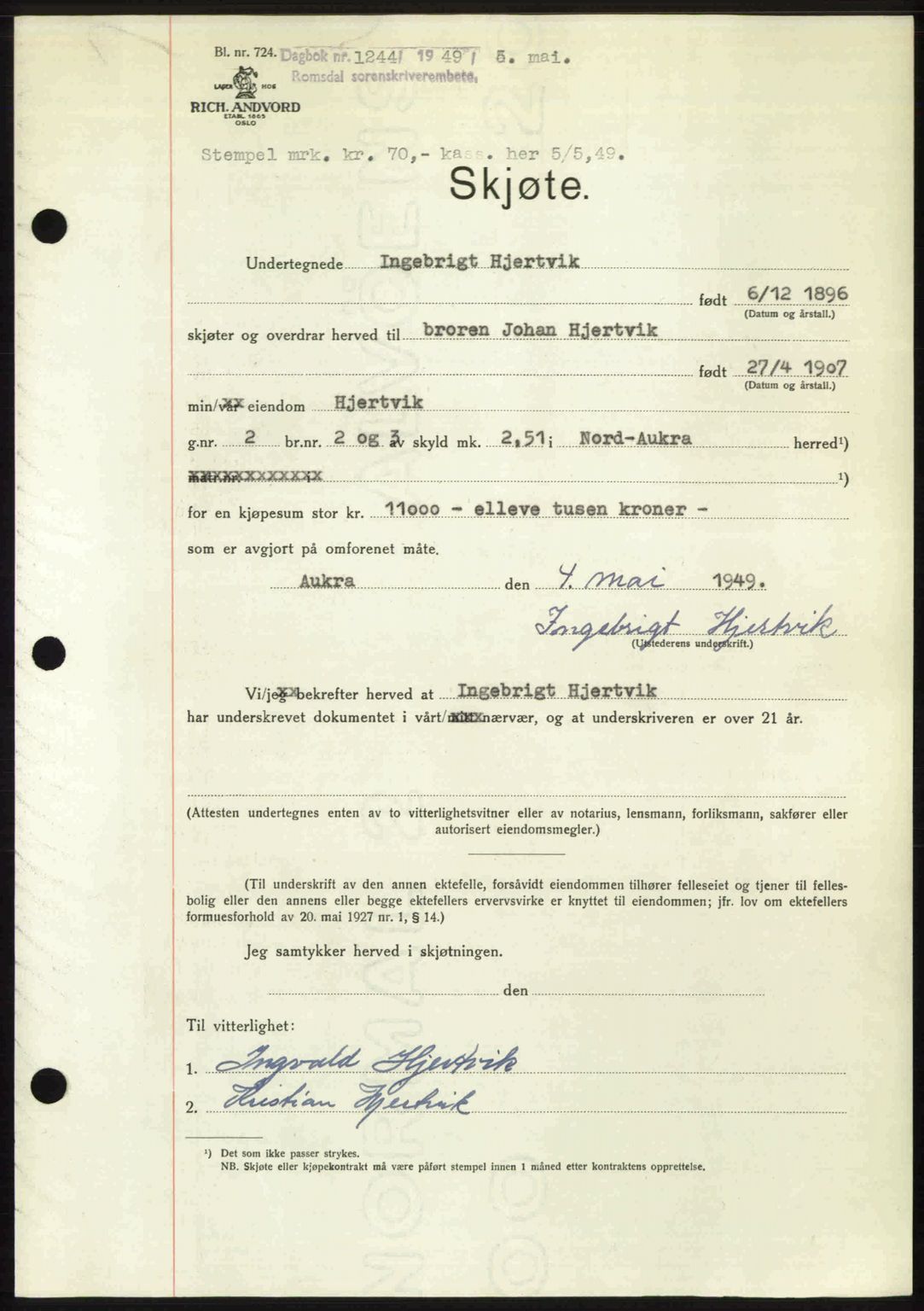 Romsdal sorenskriveri, AV/SAT-A-4149/1/2/2C: Mortgage book no. A29, 1949-1949, Diary no: : 1244/1949