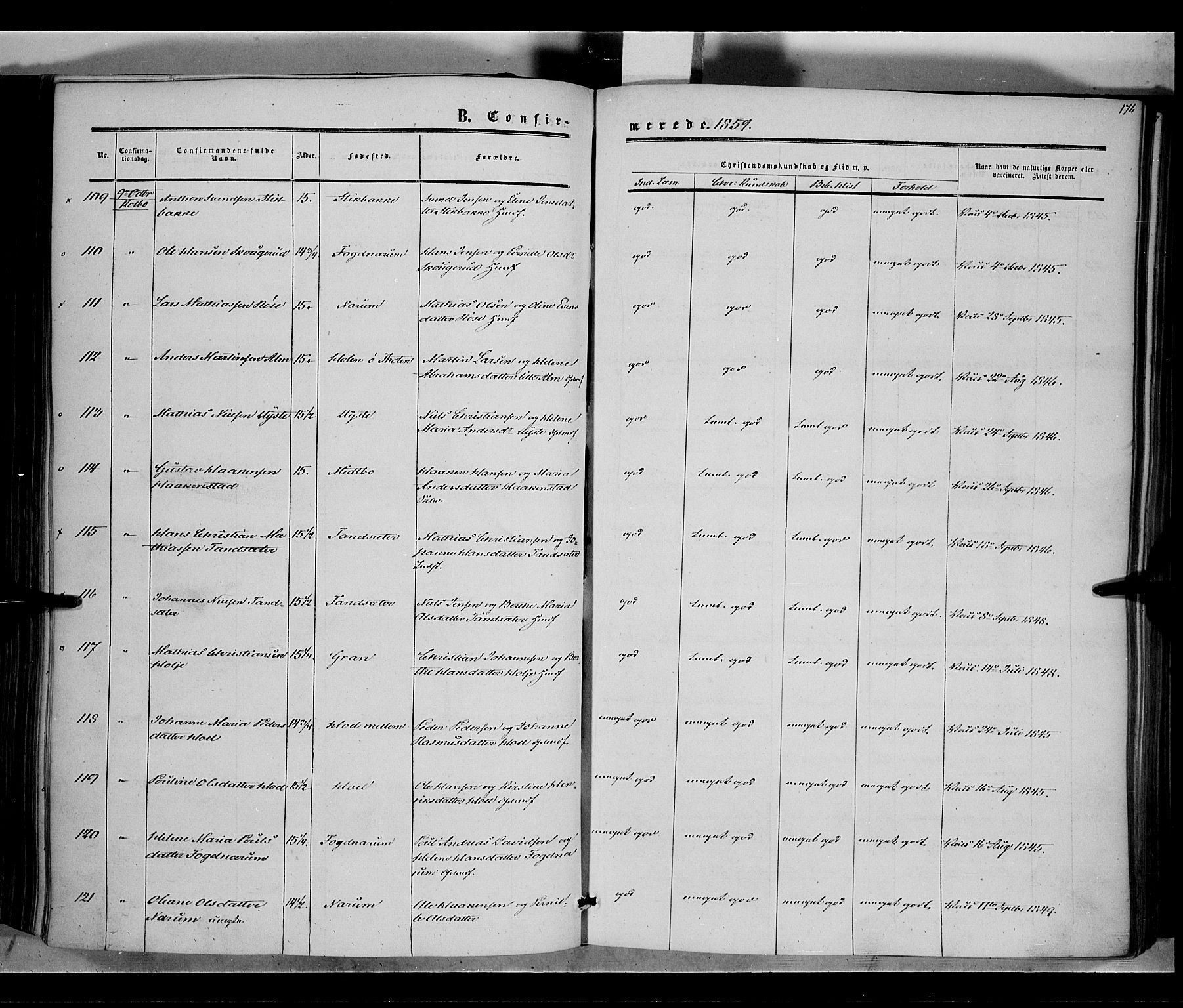 Vestre Toten prestekontor, SAH/PREST-108/H/Ha/Haa/L0006: Parish register (official) no. 6, 1856-1861, p. 176