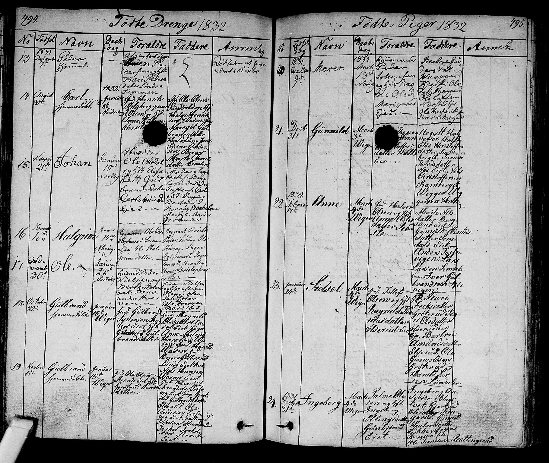 Norderhov kirkebøker, AV/SAKO-A-237/F/Fa/L0009: Parish register (official) no. 9, 1819-1837, p. 494-495