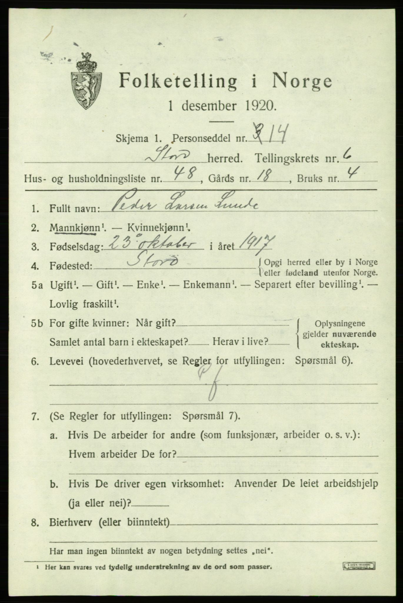 SAB, 1920 census for Stord, 1920, p. 3067