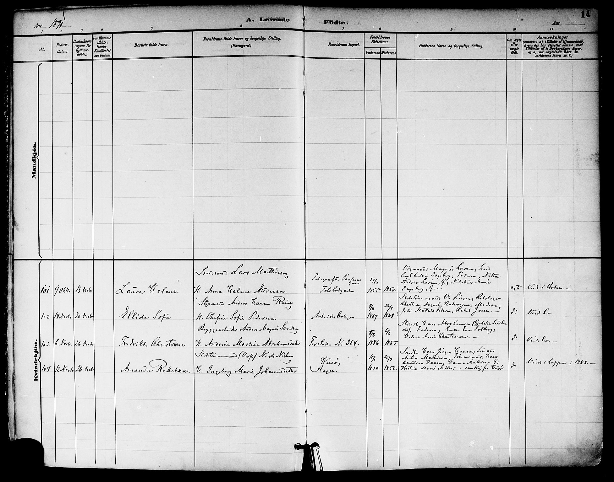 Tønsberg kirkebøker, SAKO/A-330/F/Fa/L0012: Parish register (official) no. I 12, 1891-1899, p. 14