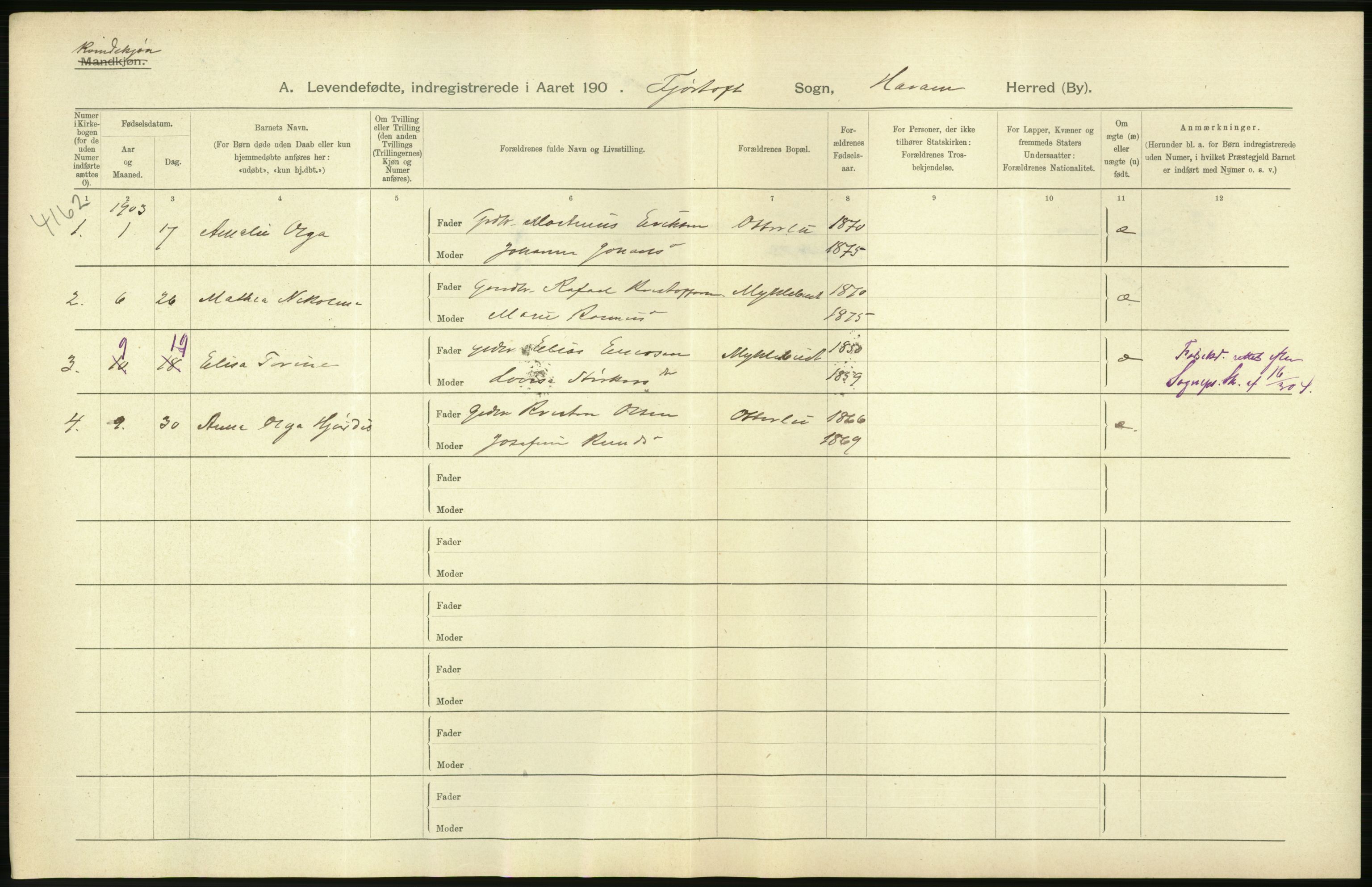 Statistisk sentralbyrå, Sosiodemografiske emner, Befolkning, AV/RA-S-2228/D/Df/Dfa/Dfaa/L0016: Romsdal amt: Fødte, gifte, døde., 1903, p. 18