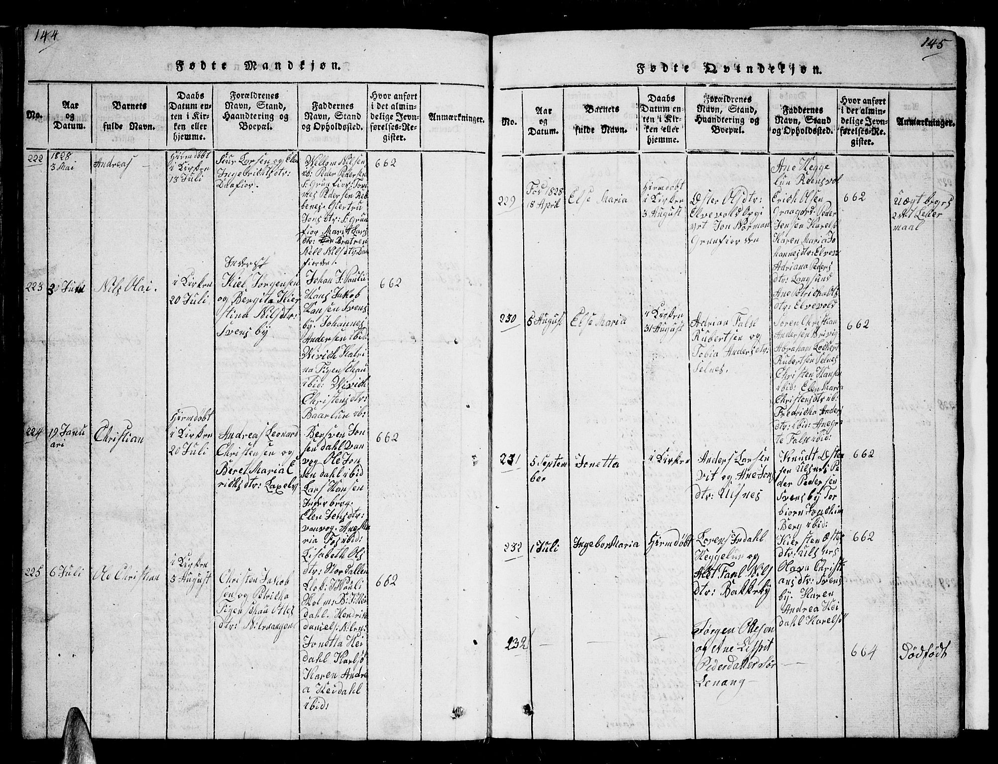 Karlsøy sokneprestembete, AV/SATØ-S-1299/H/Ha/Hab/L0001klokker: Parish register (copy) no. 1, 1821-1840, p. 144-145