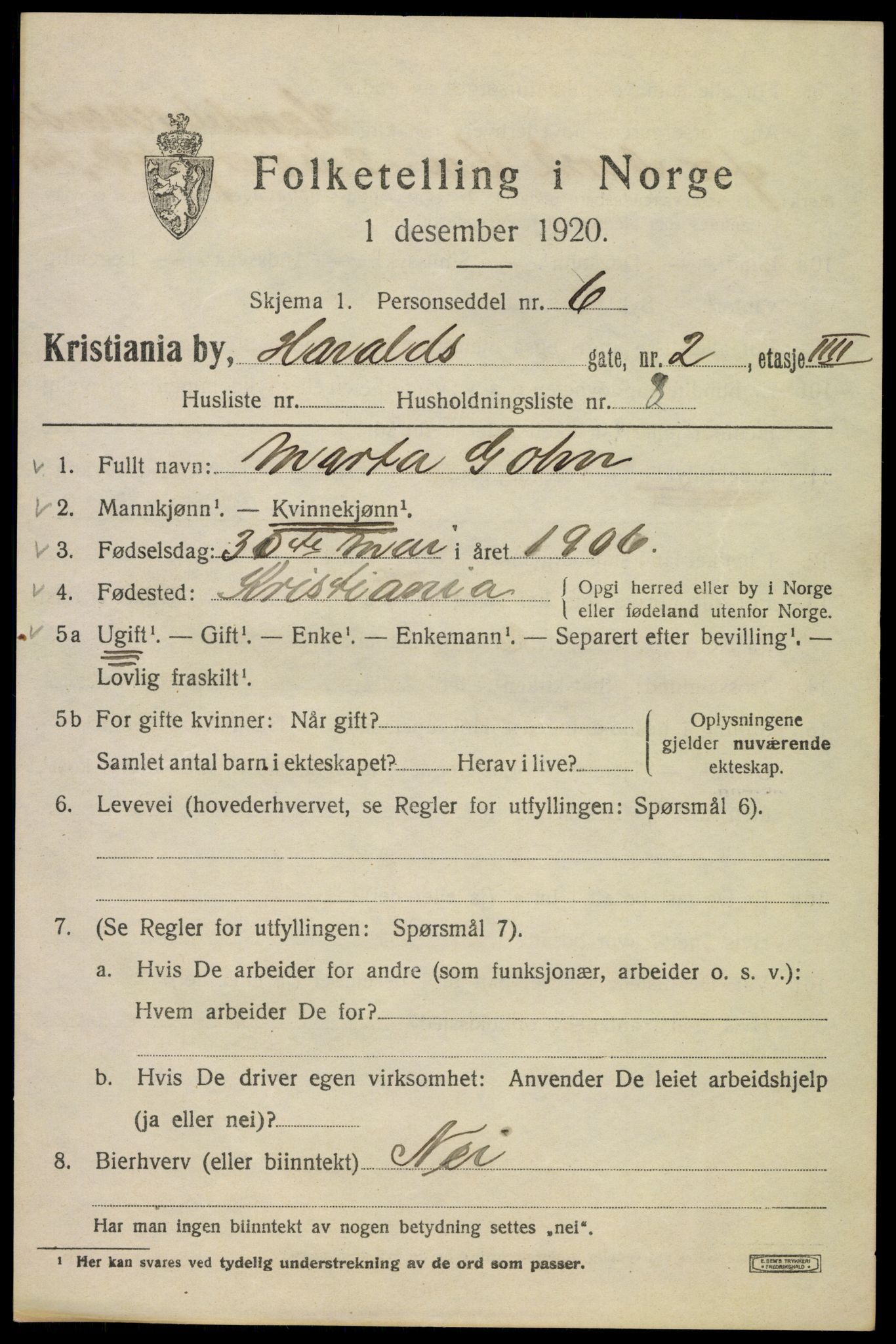 SAO, 1920 census for Kristiania, 1920, p. 271101