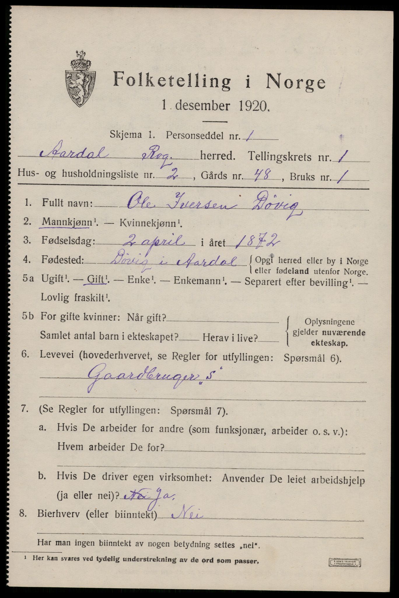 SAST, 1920 census for Årdal, 1920, p. 364