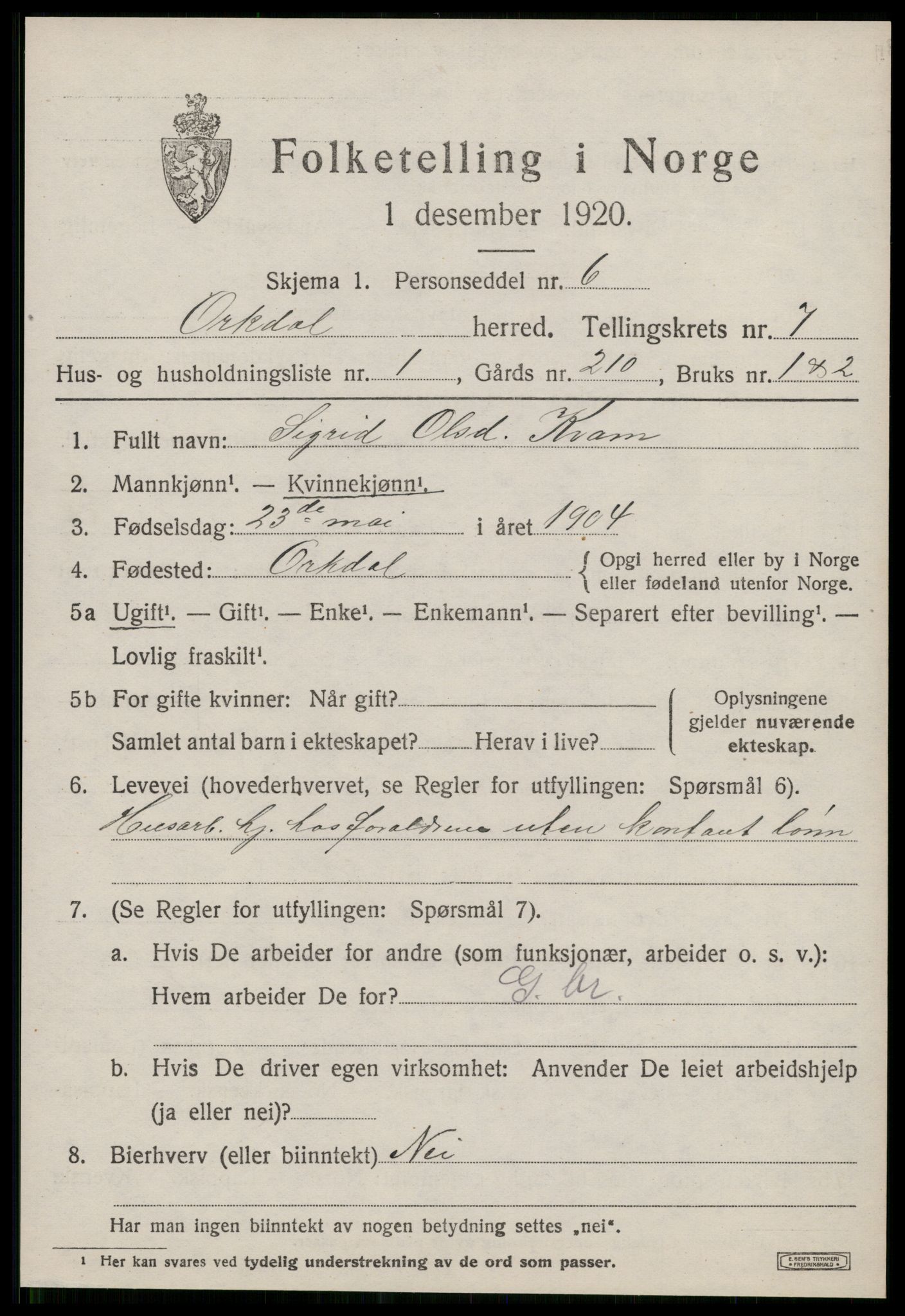 SAT, 1920 census for Orkdal, 1920, p. 5824