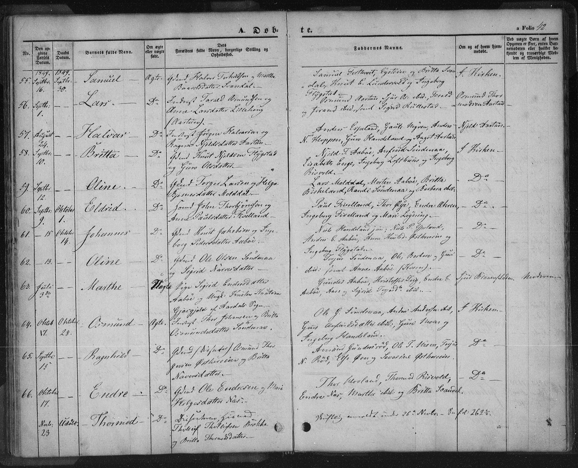 Sand sokneprestkontor, AV/SAST-A-101848/01/III/L0002: Parish register (official) no. A 2, 1838-1859, p. 42