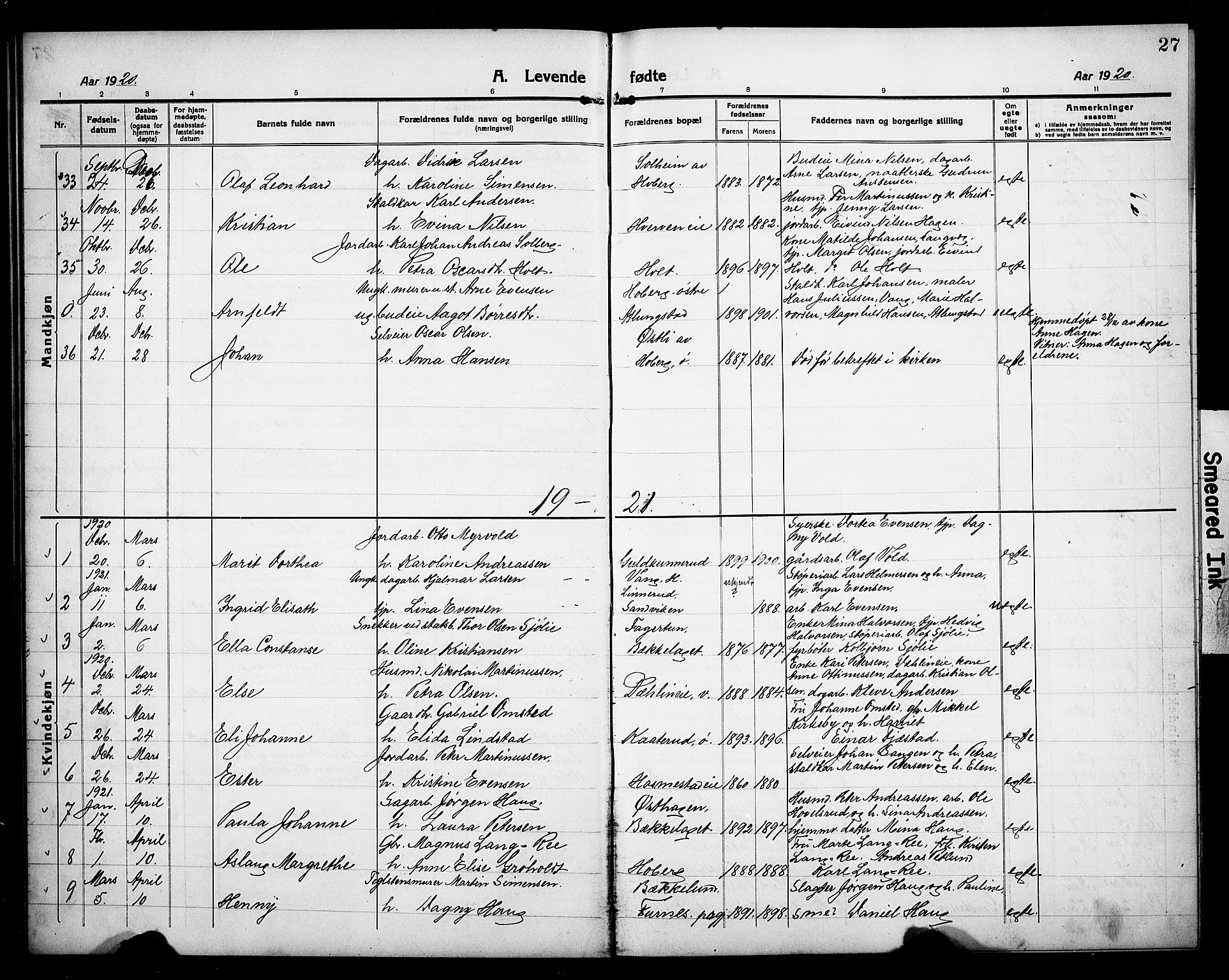 Stange prestekontor, SAH/PREST-002/L/L0015: Parish register (copy) no. 15, 1916-1928, p. 27