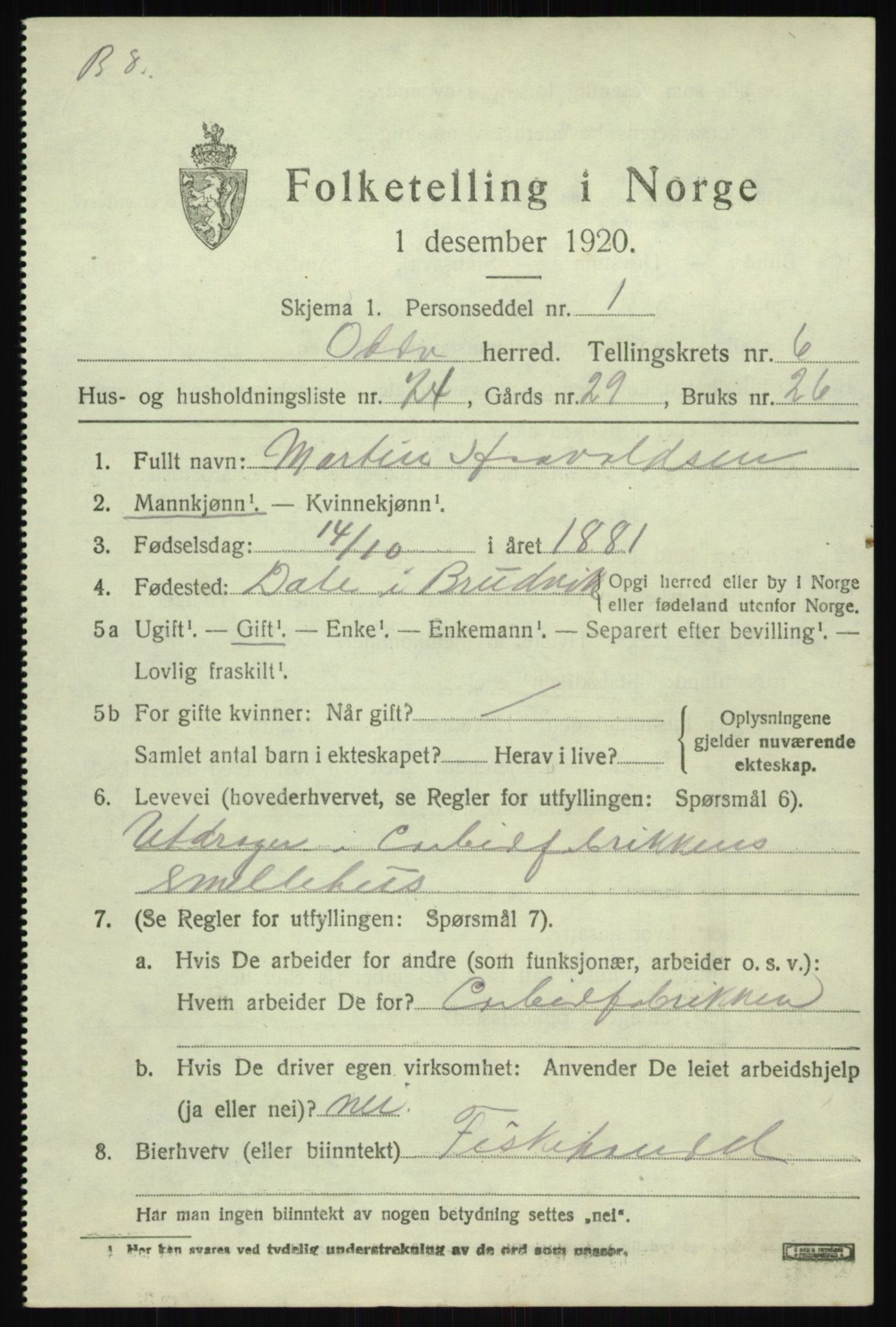 SAB, 1920 census for Odda, 1920, p. 4685