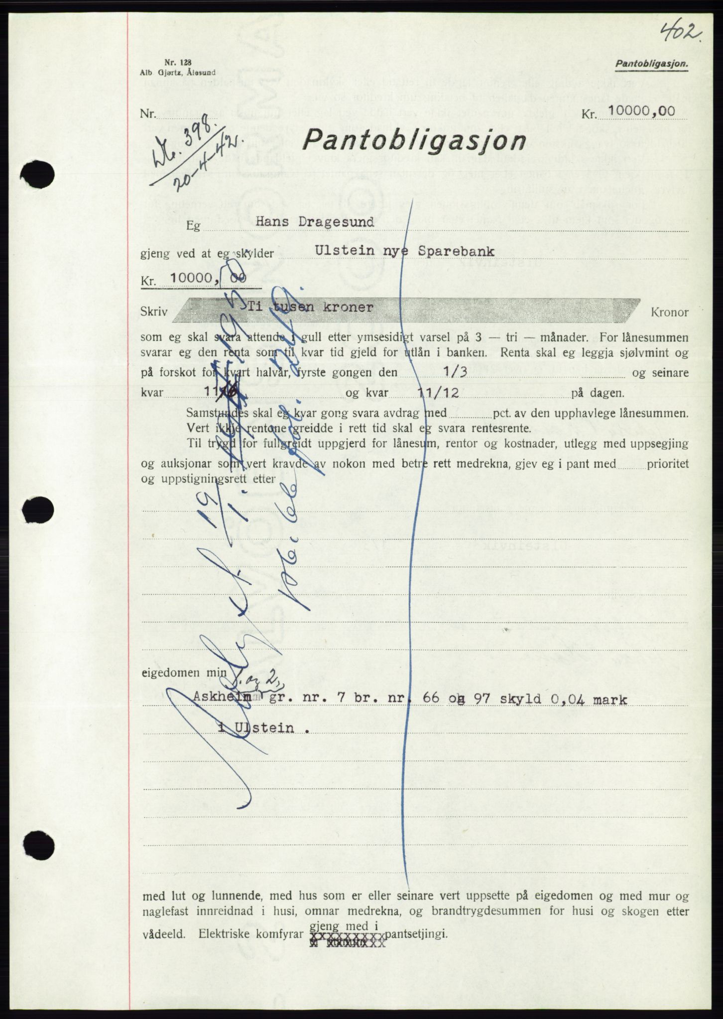 Søre Sunnmøre sorenskriveri, AV/SAT-A-4122/1/2/2C/L0073: Mortgage book no. 67, 1941-1942, Diary no: : 398/1942