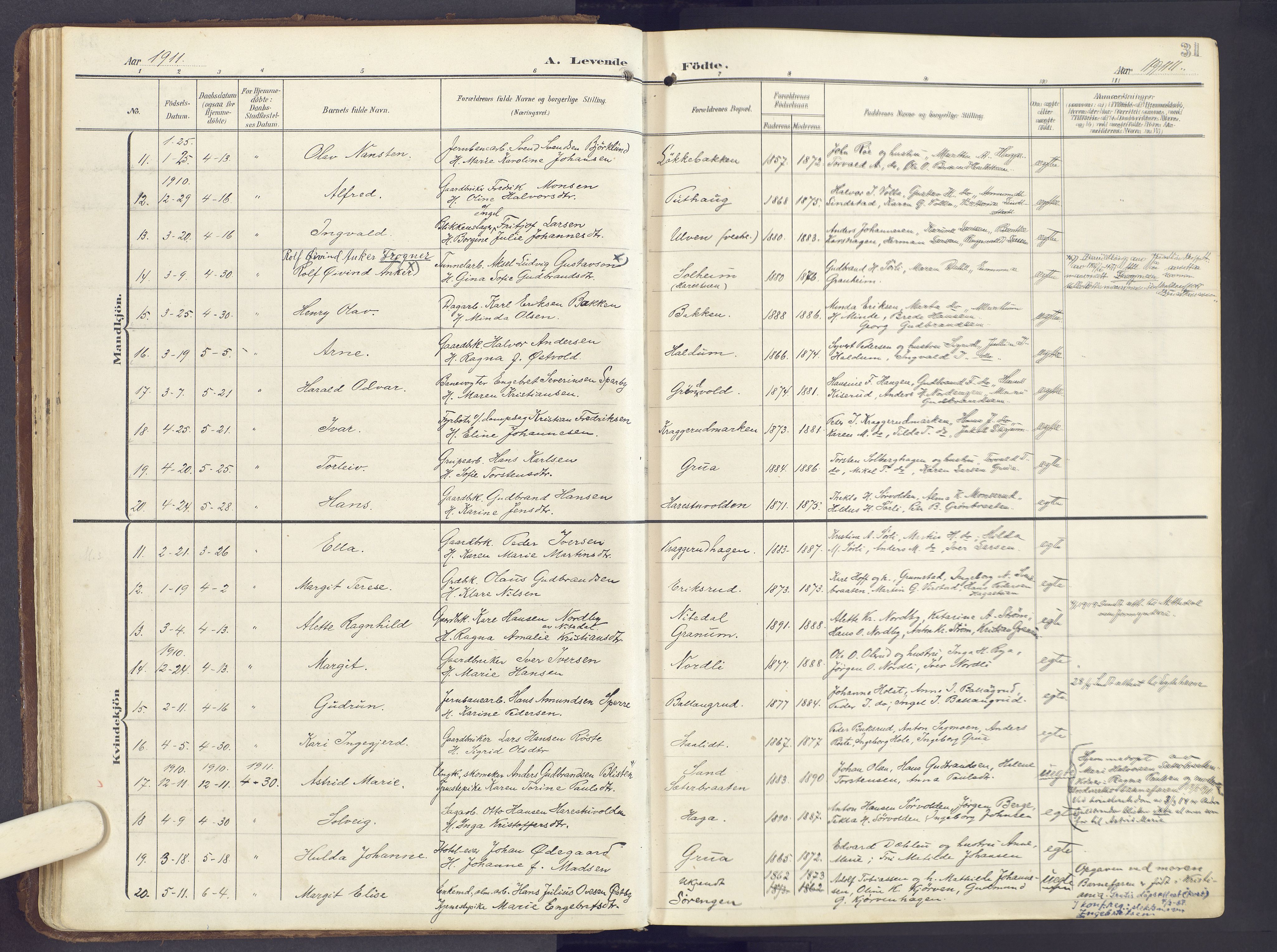 Lunner prestekontor, SAH/PREST-118/H/Ha/Haa/L0001: Parish register (official) no. 1, 1907-1922, p. 31