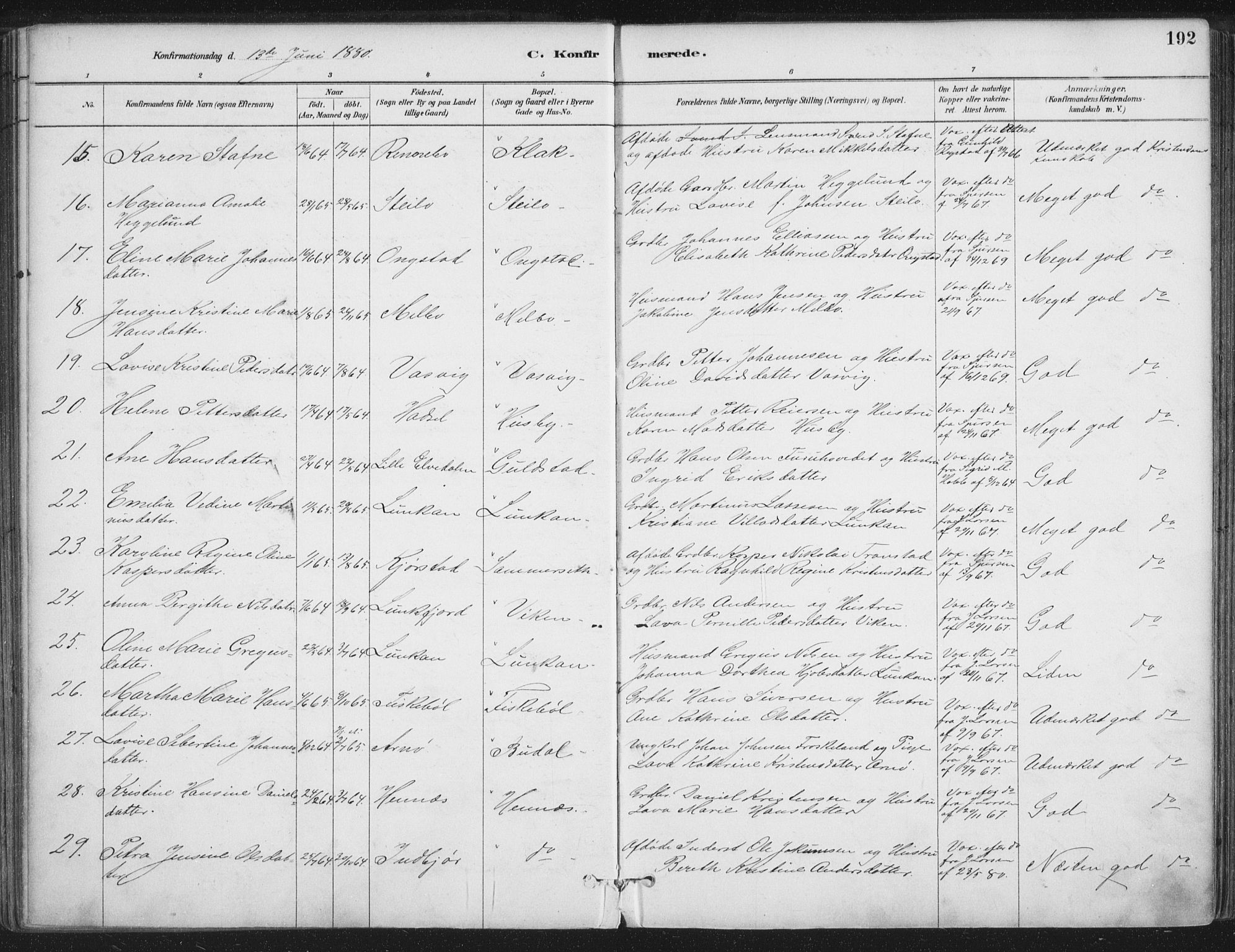 Ministerialprotokoller, klokkerbøker og fødselsregistre - Nordland, SAT/A-1459/888/L1244: Parish register (official) no. 888A10, 1880-1890, p. 192