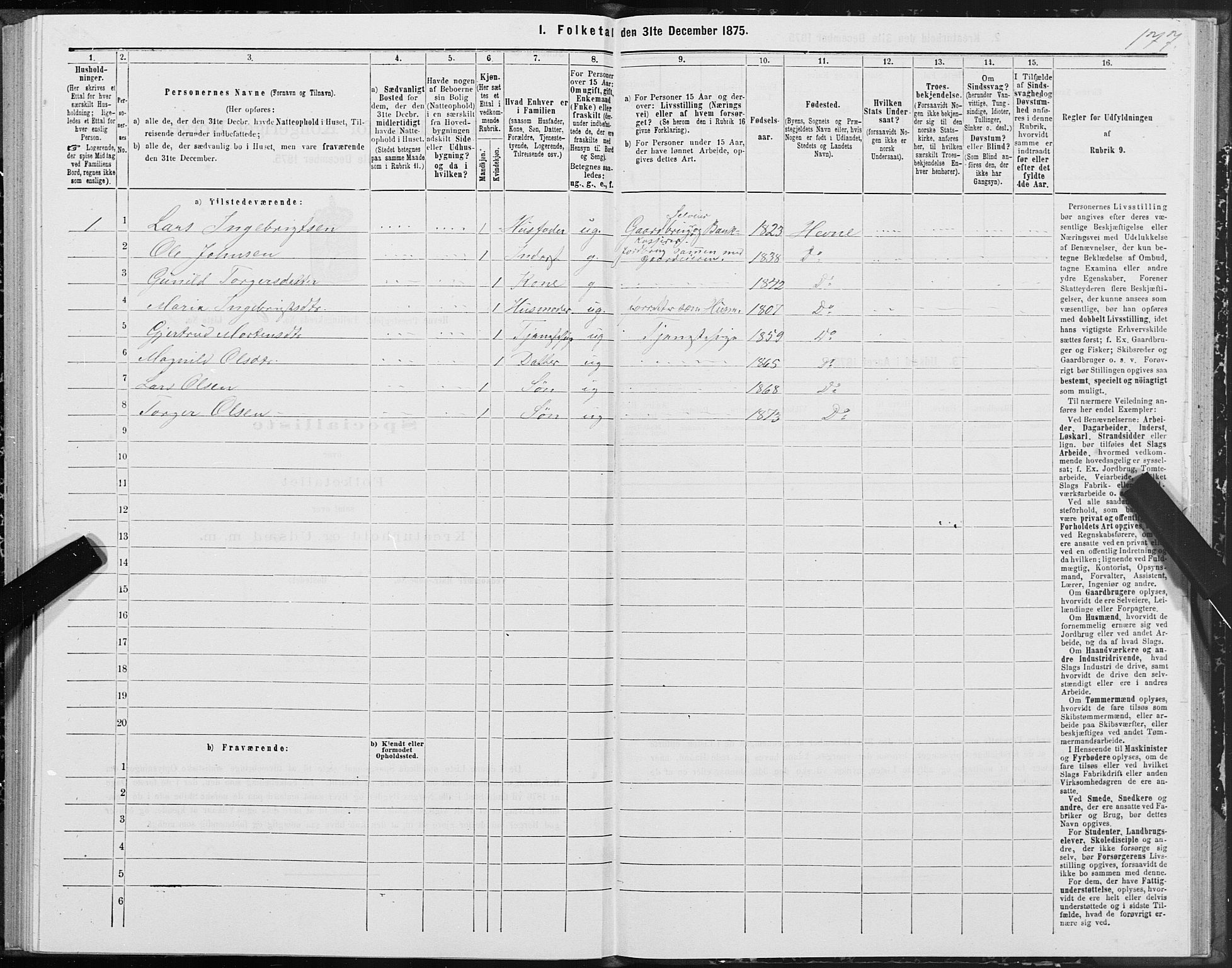 SAT, 1875 census for 1612P Hemne, 1875, p. 3177