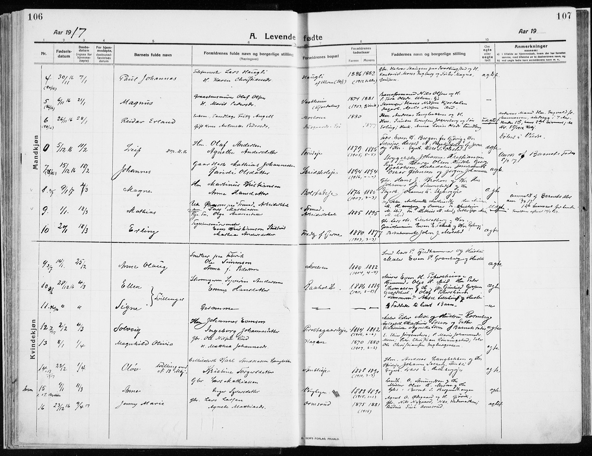 Ringsaker prestekontor, AV/SAH-PREST-014/K/Ka/L0020: Parish register (official) no. 20, 1913-1922, p. 106-107