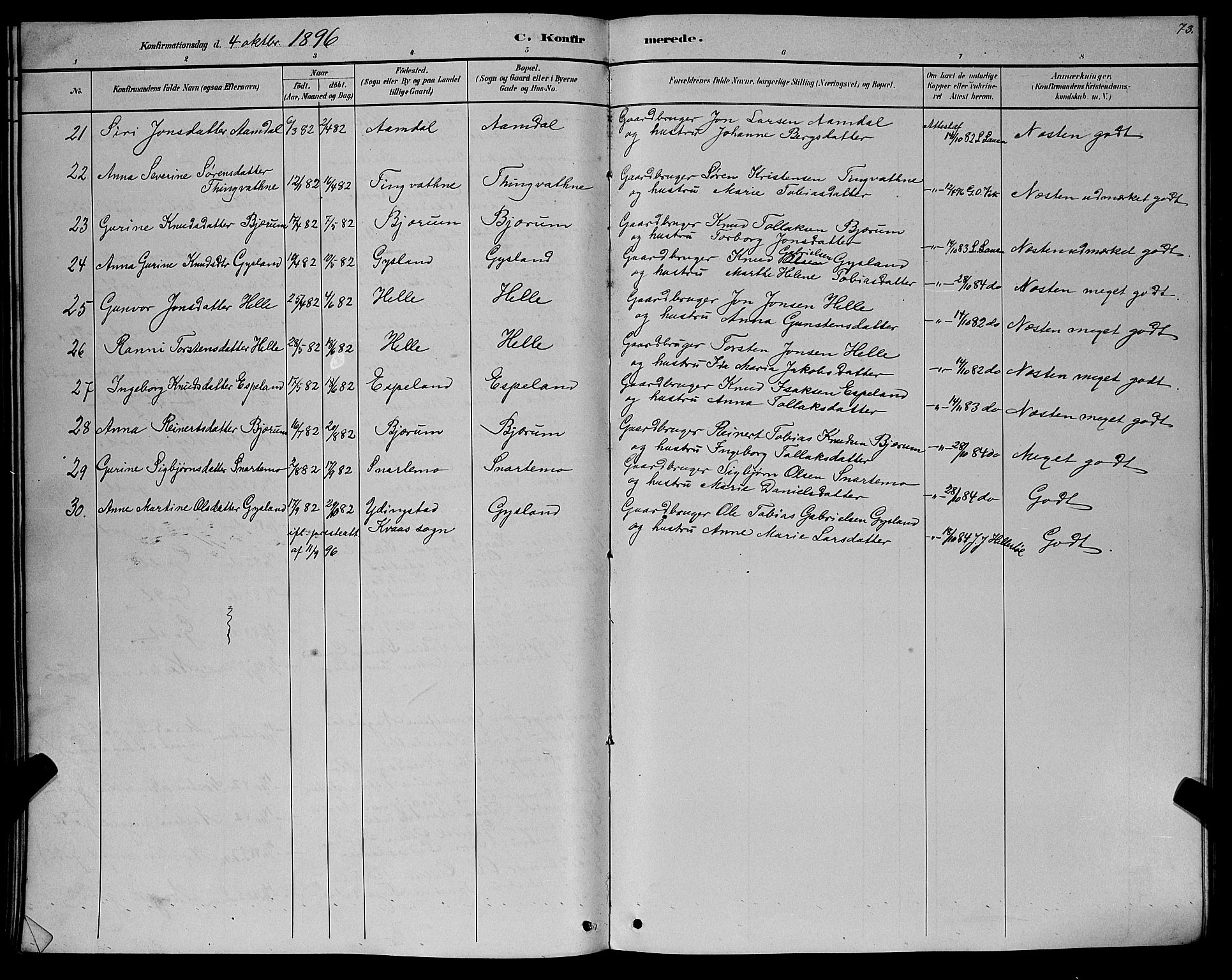 Hægebostad sokneprestkontor, AV/SAK-1111-0024/F/Fb/Fba/L0003: Parish register (copy) no. B 3, 1883-1896, p. 73